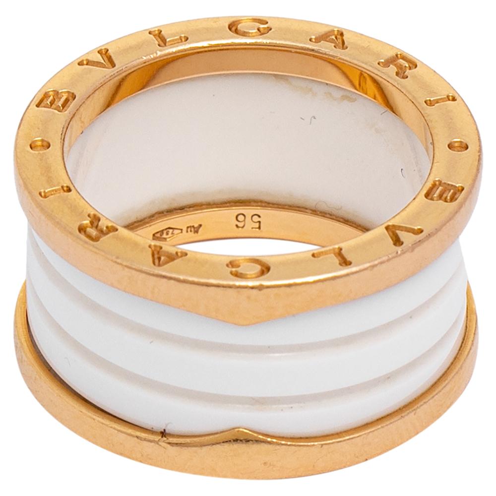 Bvlgari B.Zero1 White Ceramic 18k Rose Gold Band Ring Size 56 In Fair Condition In Dubai, Al Qouz 2