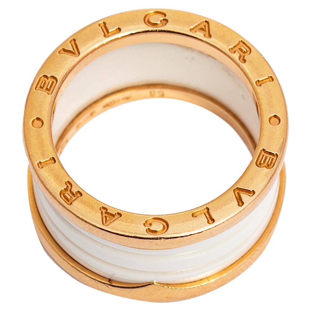 Women's Bvlgari B.Zero1 White Ceramic 18k Rose Gold Band Ring Size 56
