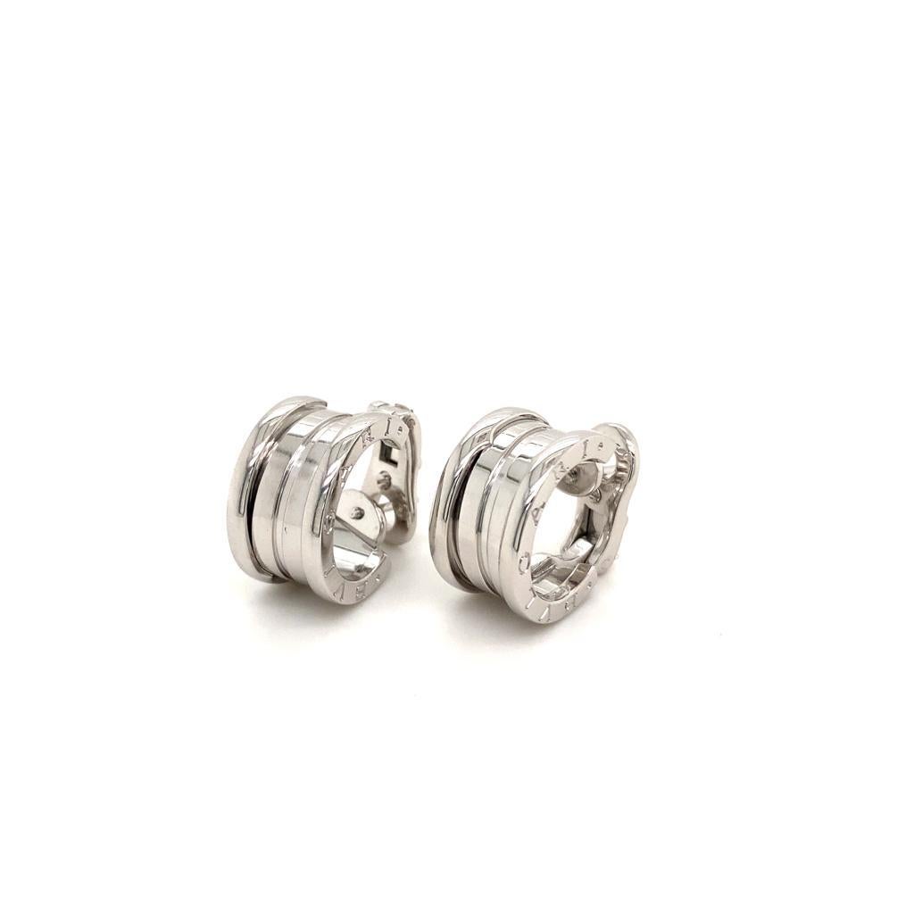 A pair of Bvlgari B.zero1 18 karat white gold hoop earrings.

These iconic earrings have stem fittings with a plain polished finish in 18ct white gold.

An ideal stylish and comfortable pair of statement earrings for everyday