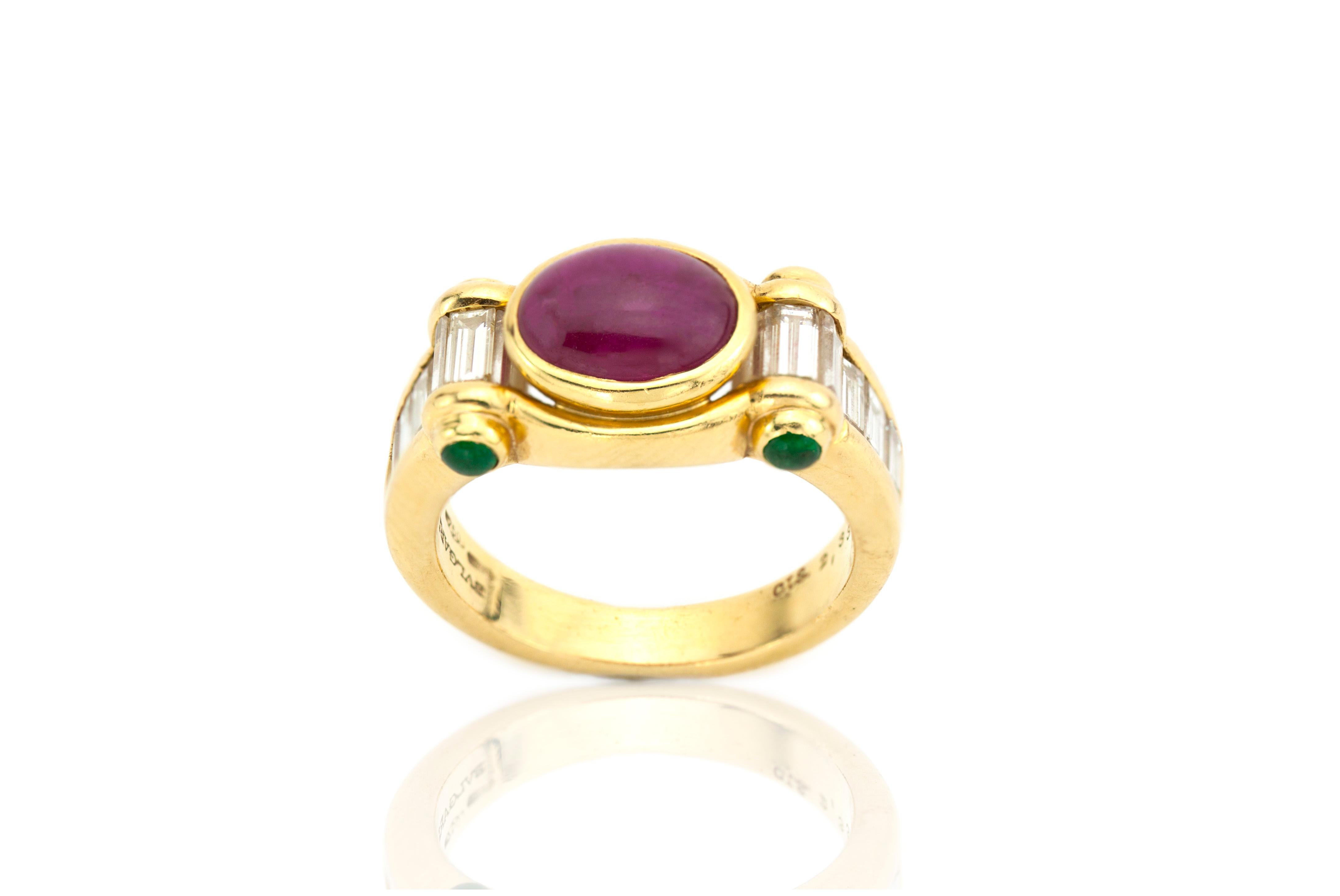 Bvlgari Cabochon Burma Ruby & Diamond Ring
Designer : Bvlgari
Made in : Italy Circa.1970's
Fully hallmarked

Dimensions - 
(UK) = JK
(US) = 5 1/2
(EU) = 50 1/4
Size : 2.4 x 2 x 0.85 cm
Weight : 8 grams

Cabochon Burma Ruby - 
Cut : Oval
Size : 2.33