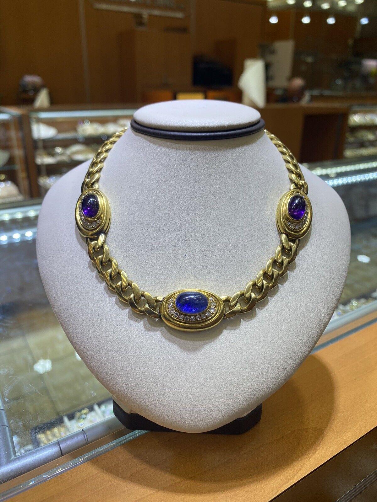 Bvlgari Cabochon Sapphire and Amethyst Diamond Vintage Necklace.


Weight 104 grams


Length 14 inches


100% authentic and certificate for sapphires and amethyst are available