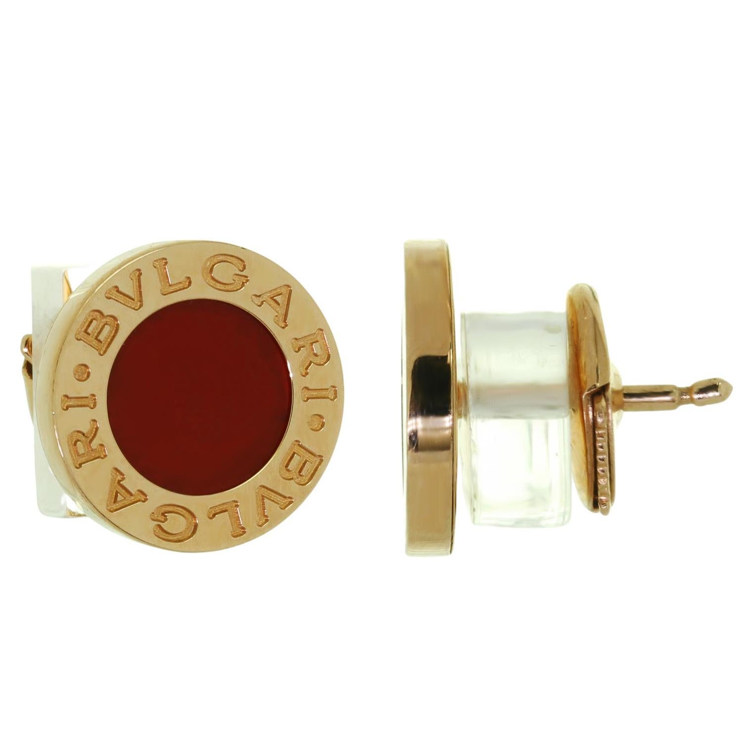 Round Cut BVLGARI Carnelian Onyx 18k Rose Gold Earrings Papers For Sale