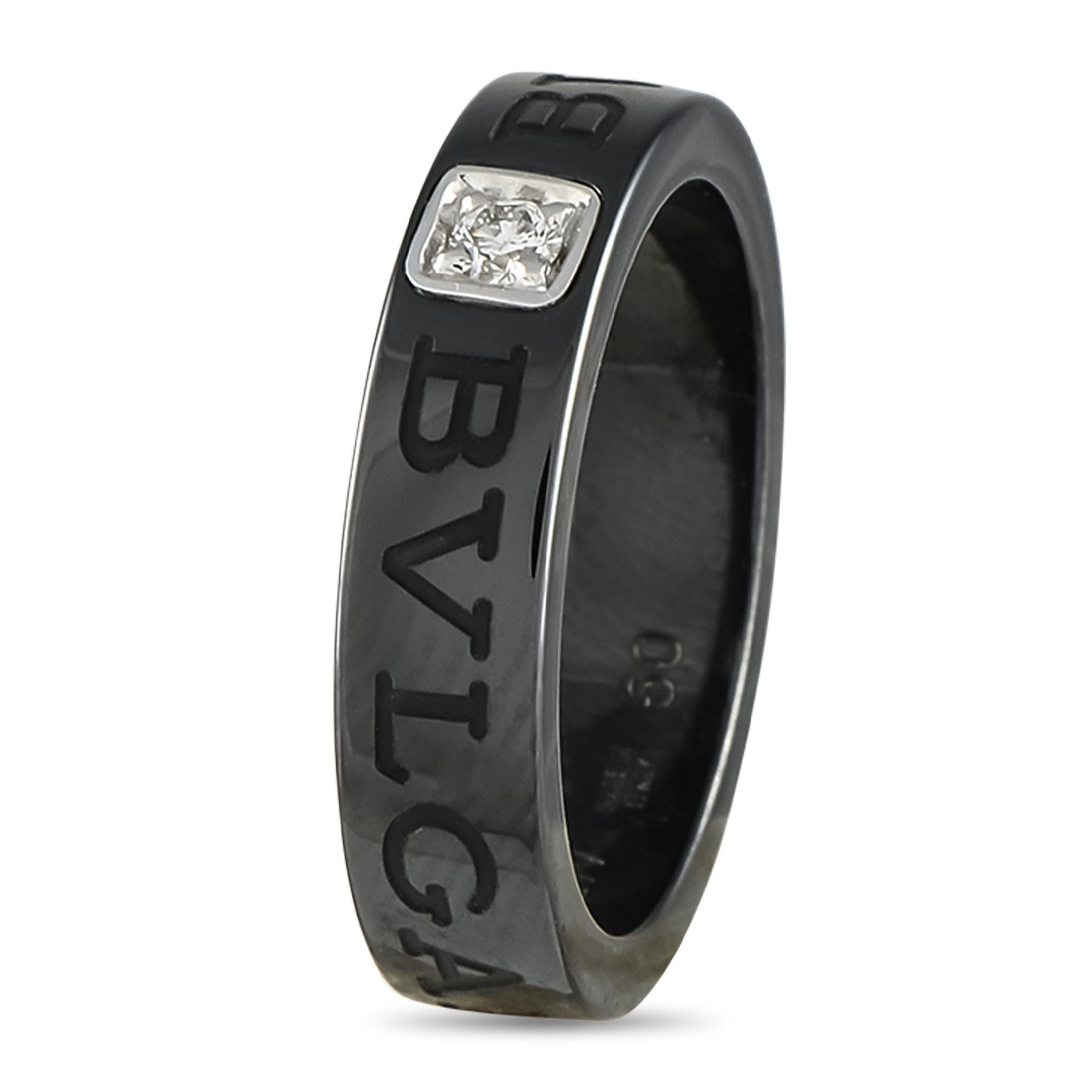 This Bvlgari ring is bold and incredibly impressive. An inset Diamond center stone contrasts beautifully against the black Ceramic band, which comes engraved with the luxury brands signature. Ideal for everyday wear, this piece features a 7mm wide