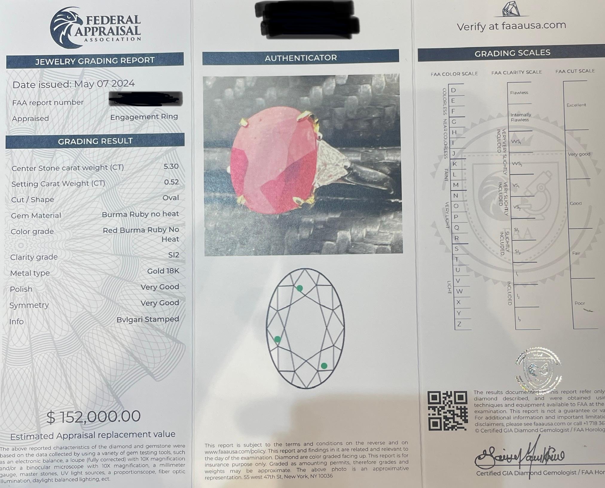 Anillo certificado Bvlgari de 5,30 quilates de rubí rojo de Birmania sin calor 6