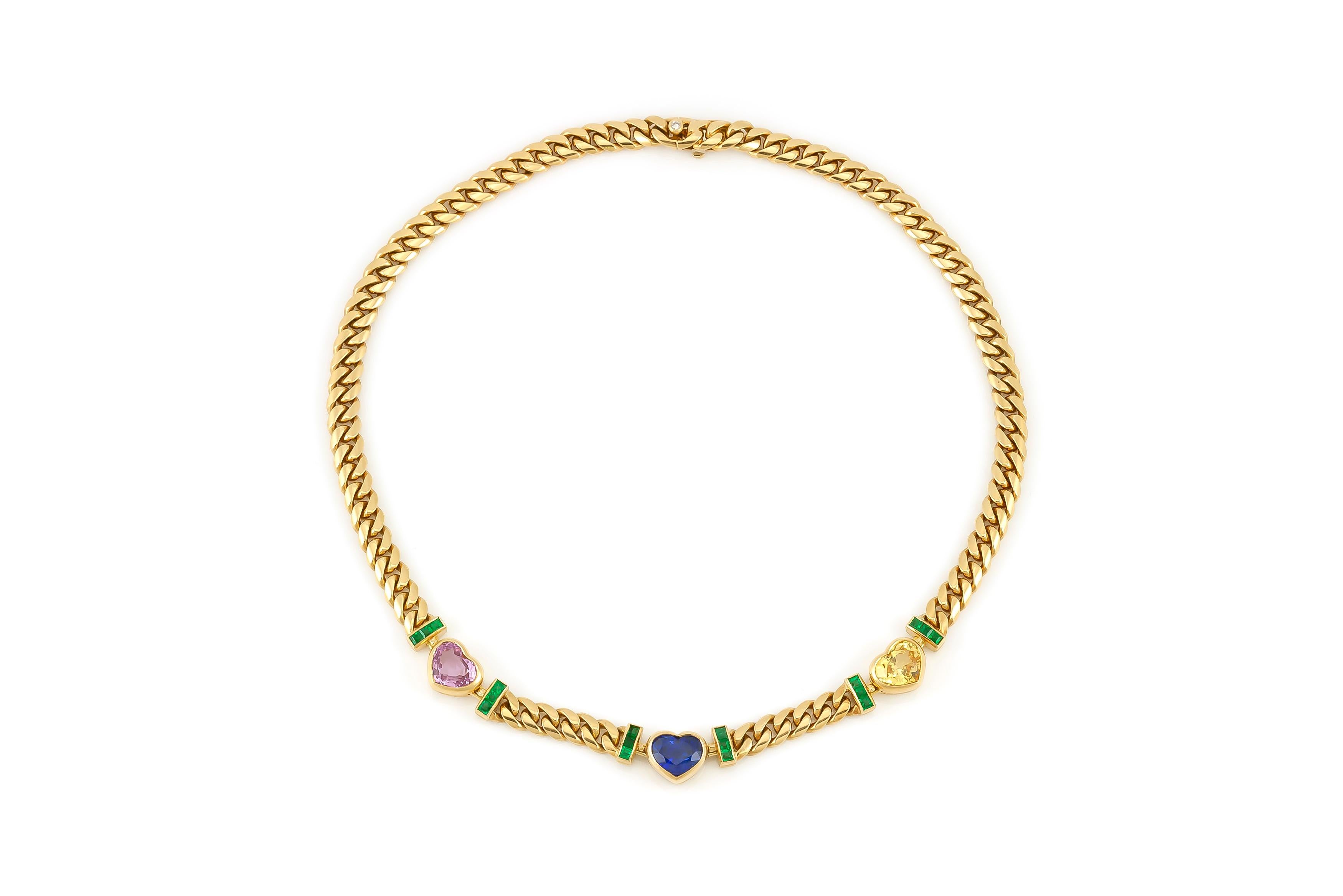Finely crafted in 18k yellow gold with 3 Sapphire hearts.
The center blue Sapphire is GIA certified, Burma origin.
Signed by Bvlgari
Circa 1970s
