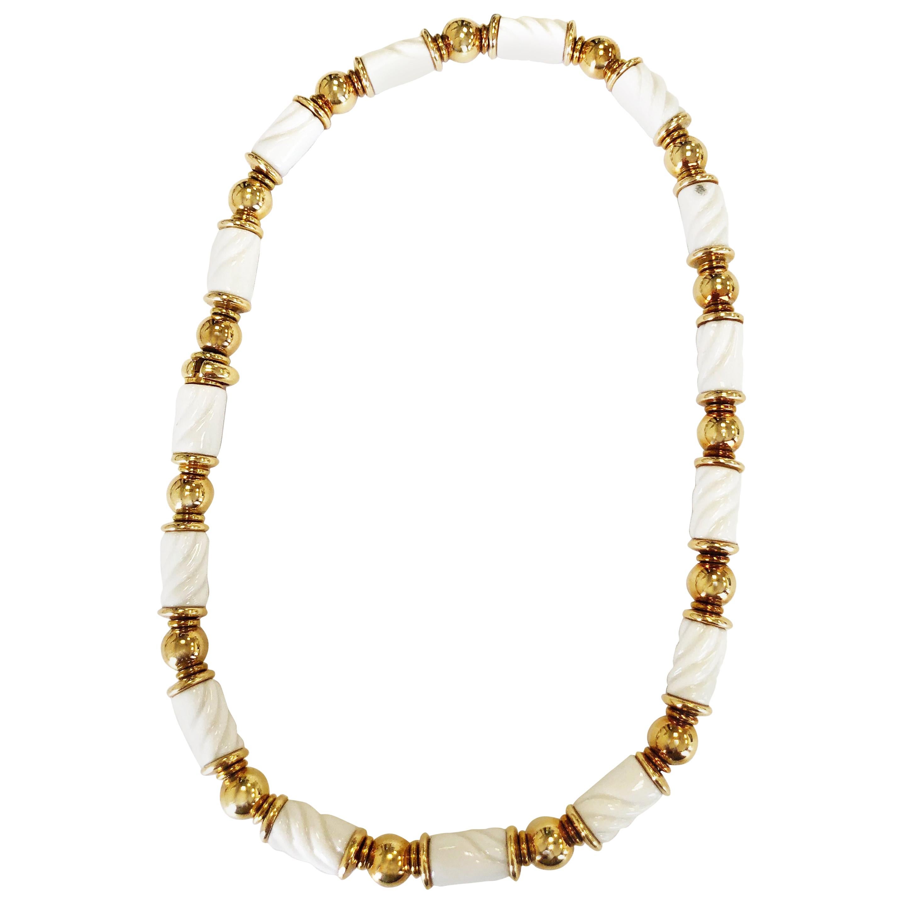 Bvlgari Chandra Carved White Porcelain Necklace in 18 Karat Yellow Gold