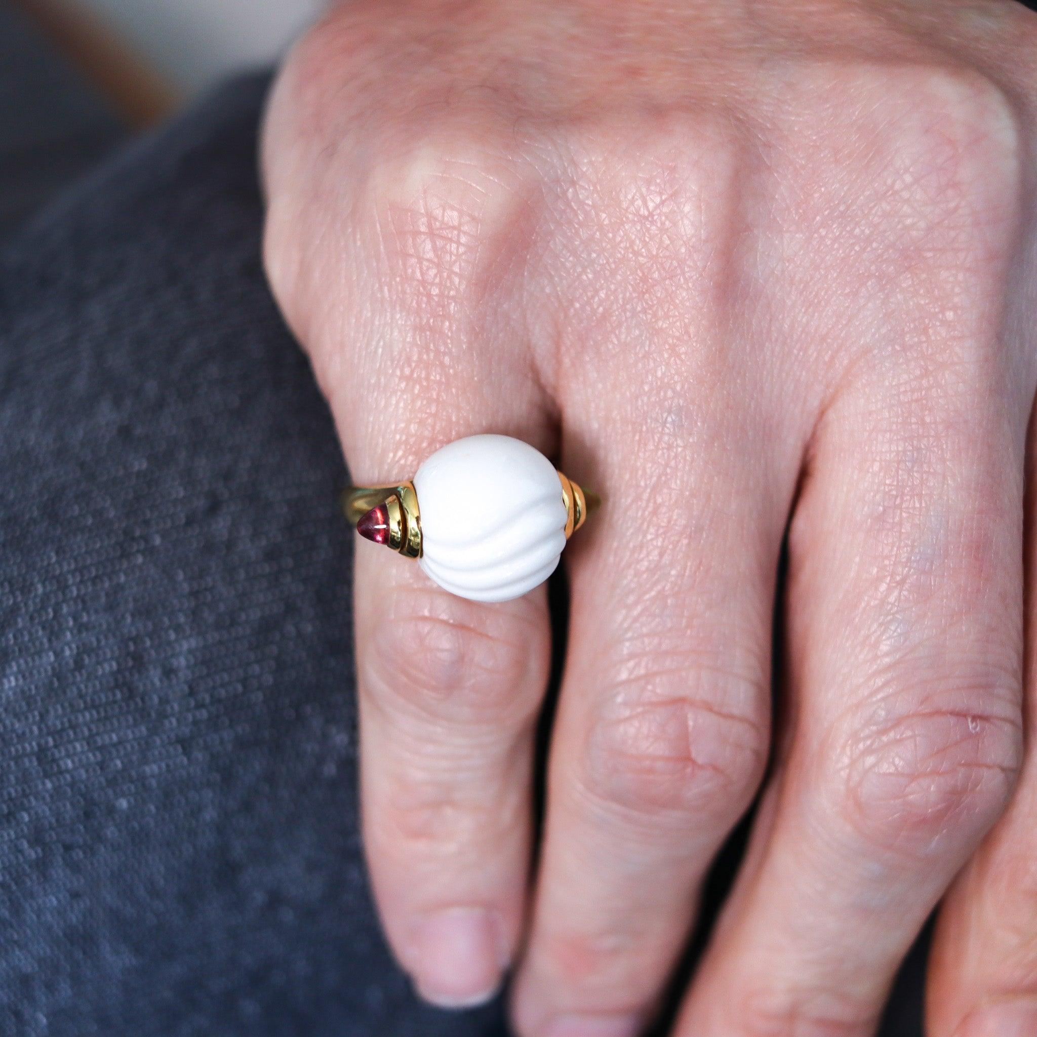 A Chandra cocktail ring designed by Bvlgari.

This is a beautiful cocktail ring from the Chandra collection, created in Alessandria Italy by the jewelry house of Bvlgari. The iconic ring has been crafted in solid yellow gold of 18 karats with high