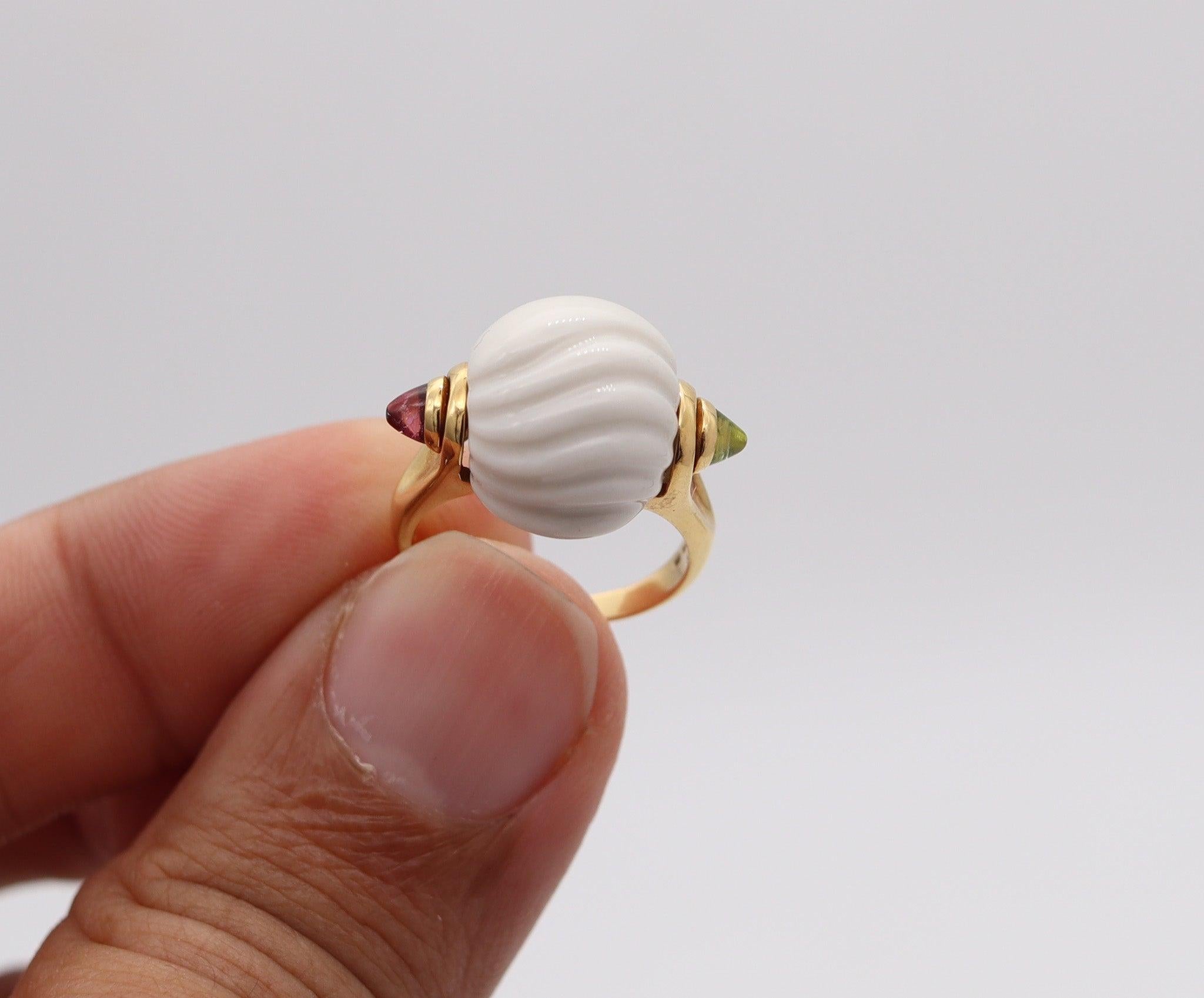 Modernist BVLGARI Chandra Cocktail Ring In 18Kt Yellow Gold With Two Tourmalines