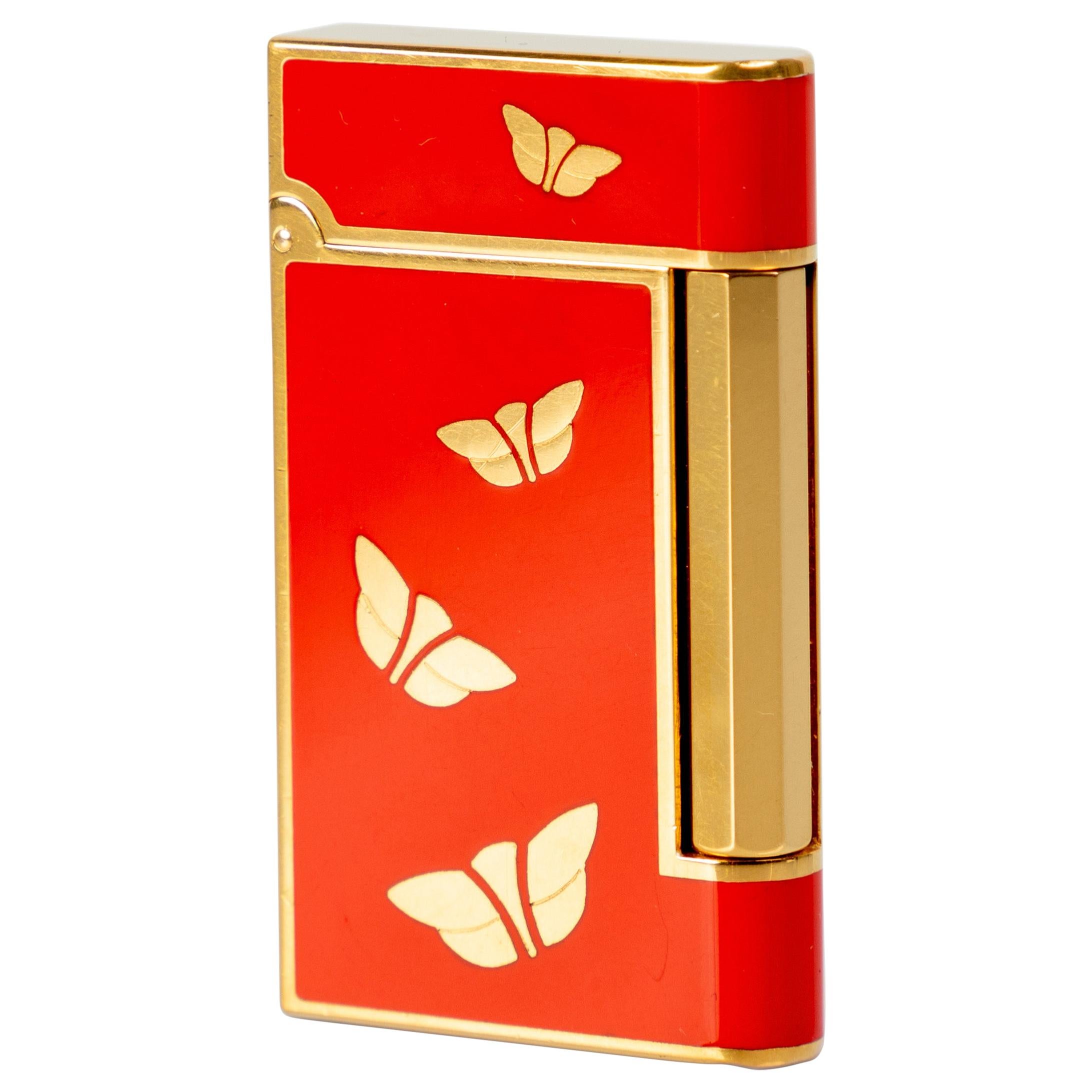 Bvlgari Chinoiserie Red Lacquer Gold Butterfly Lighter, 1970s