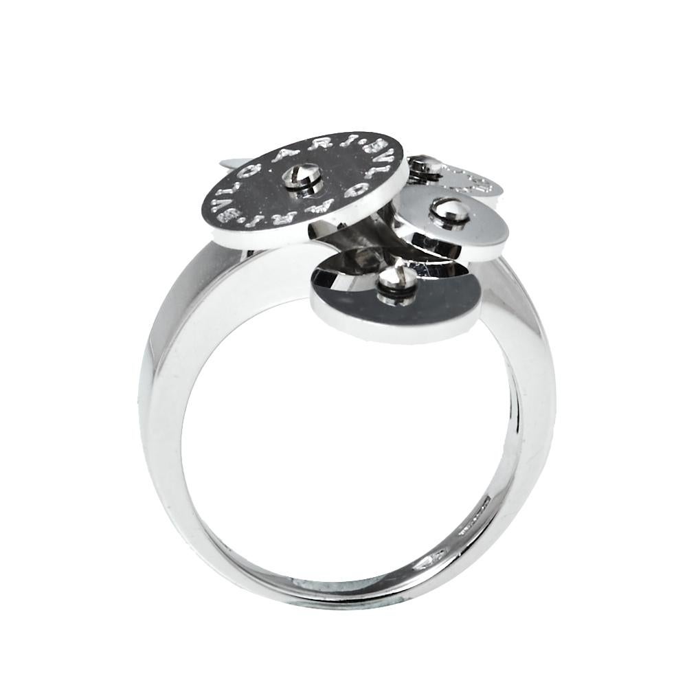An elegant creation from the Italian house, Bvlgari’s Cicladi collection is an epitome of timeless jewelry. This ring is crafted in 18k white gold featuring five discs held in by screws. Two of these discs are engraved with the brand name.

