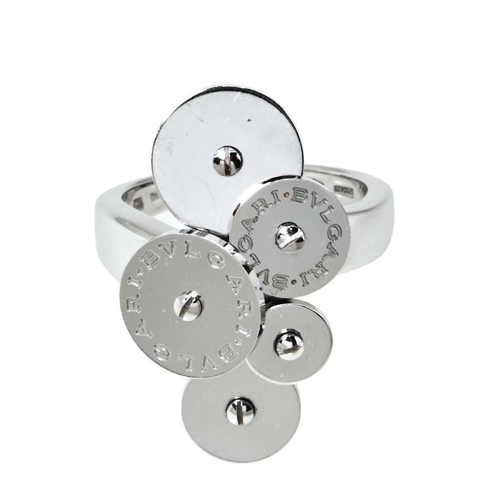 Bvlgari Cicladi Cluster Disc 18K White Gold Cocktail Ring Size 52 In Good Condition In Dubai, Al Qouz 2
