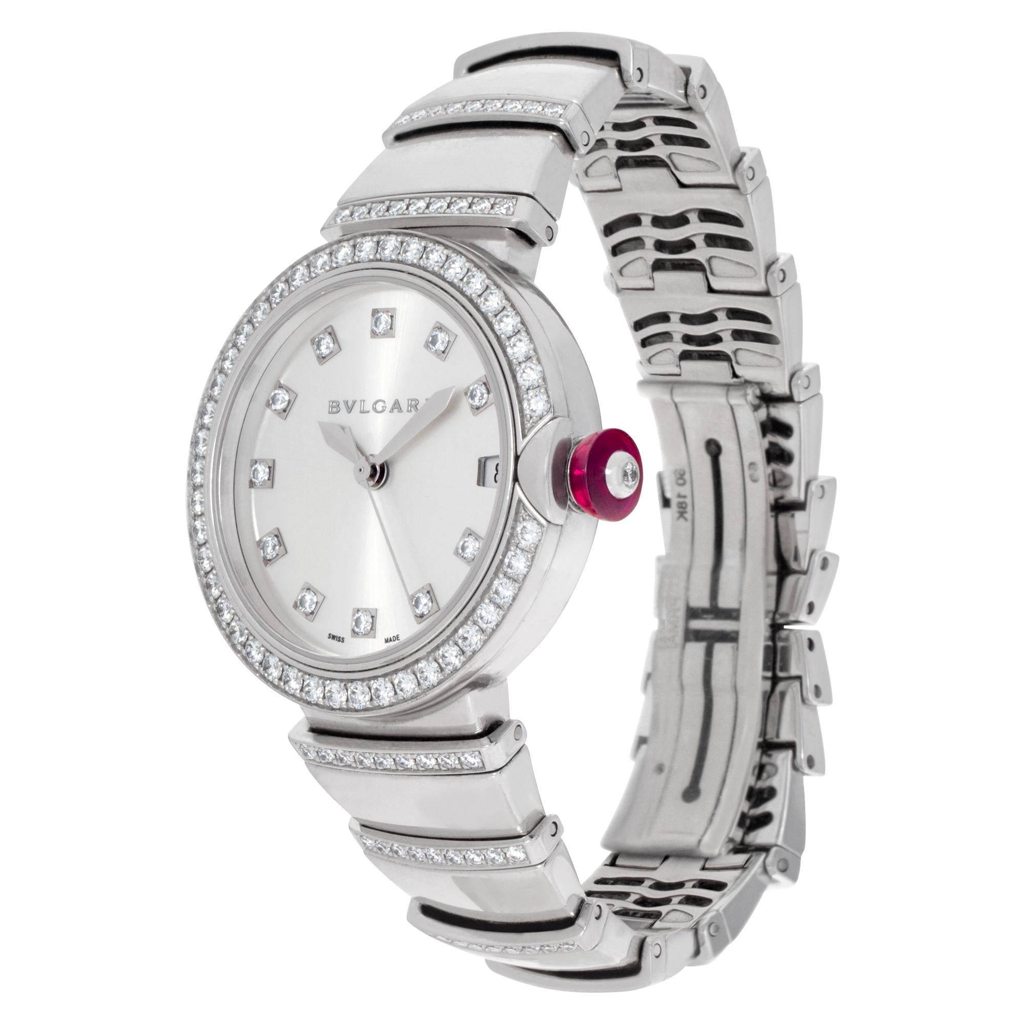 Bvlgari Lvcea in 18k white gold with original diamond bezel, diamond dial and diamond band. Auto w/ sweep seconds and date. 33 mm case size. Fits princess 6.25 inches wrist. Ref LU W 33 G. Fine Pre-owned Bvlgari / Bulgari Watch.

Certified preowned
