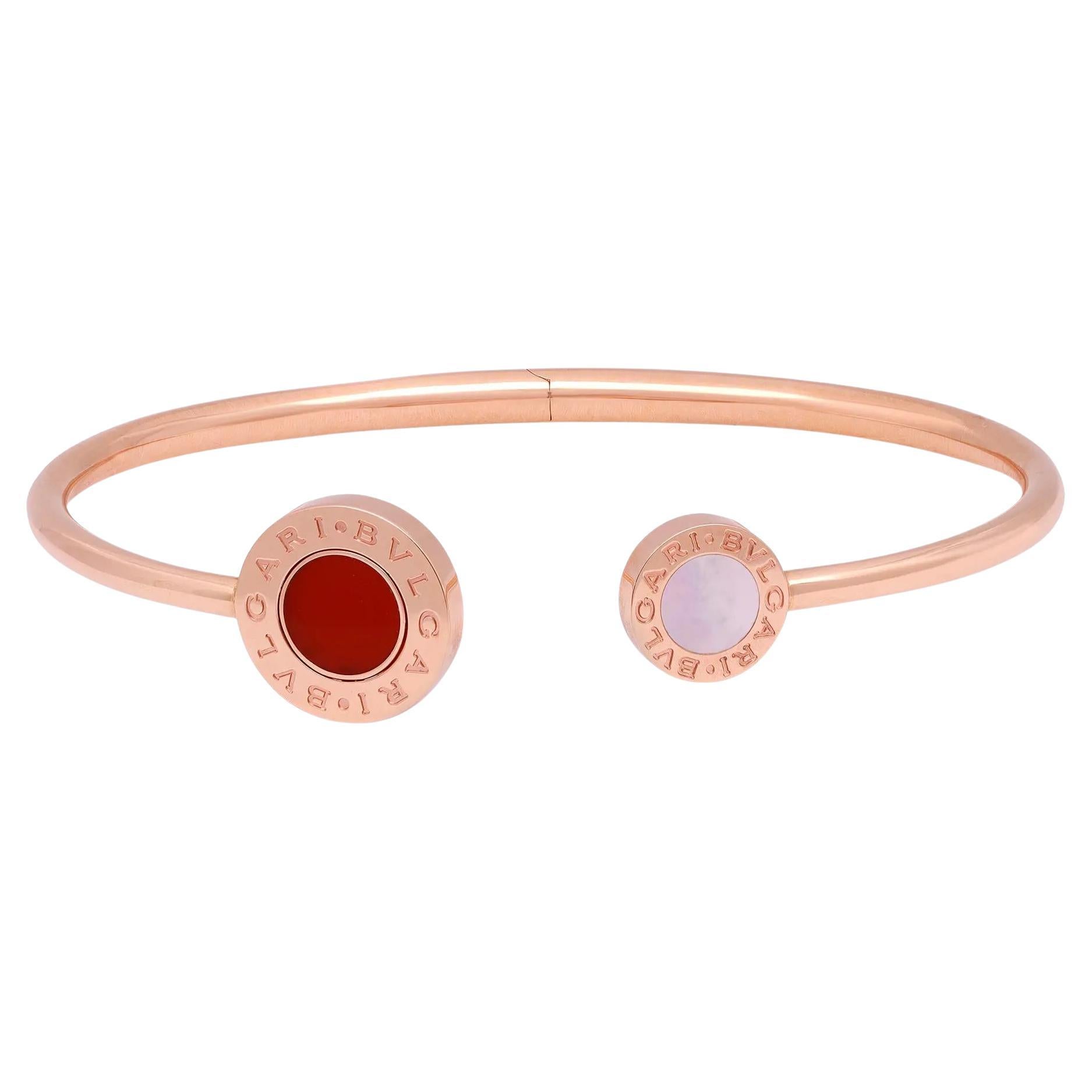 Bvlgari Classic Carnelian Mother Of Pearl Open Flip Bracelet 18K Rose Gold Sz M