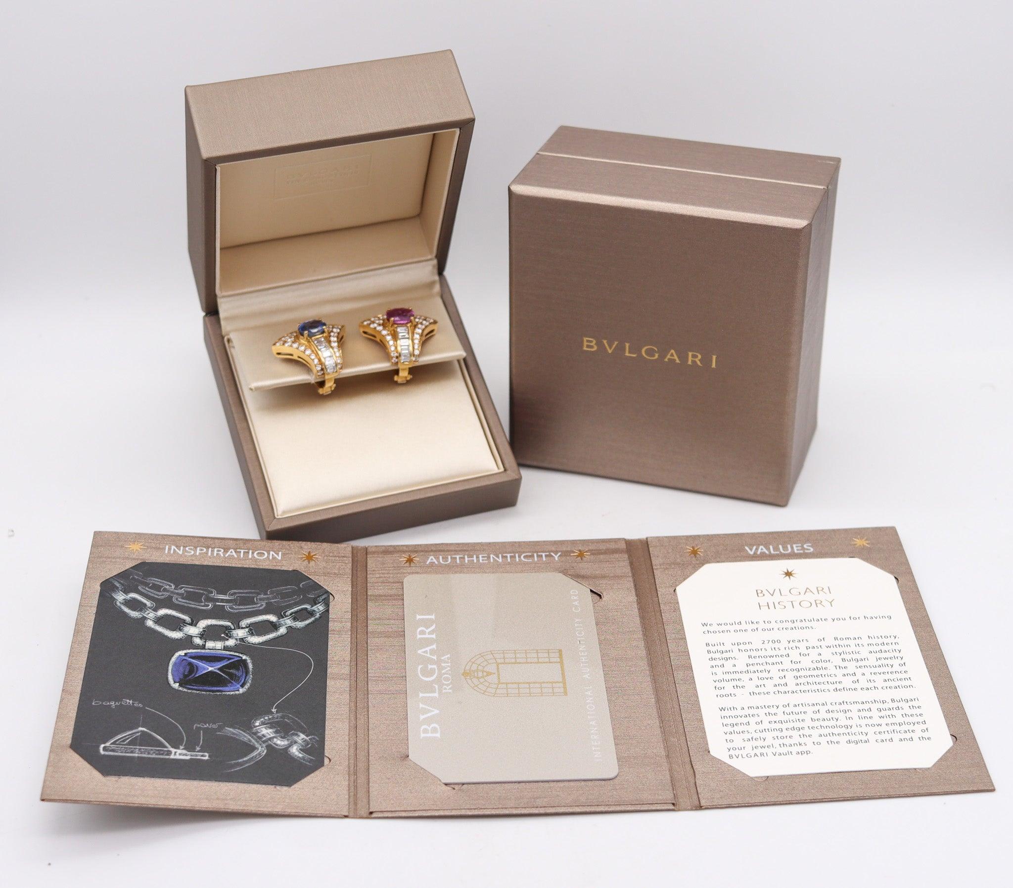 Modernist BVLGARI Clip On Earrings 18Kt Yellow Gold With 8.93 Ctw In Diamonds & Sapphires For Sale