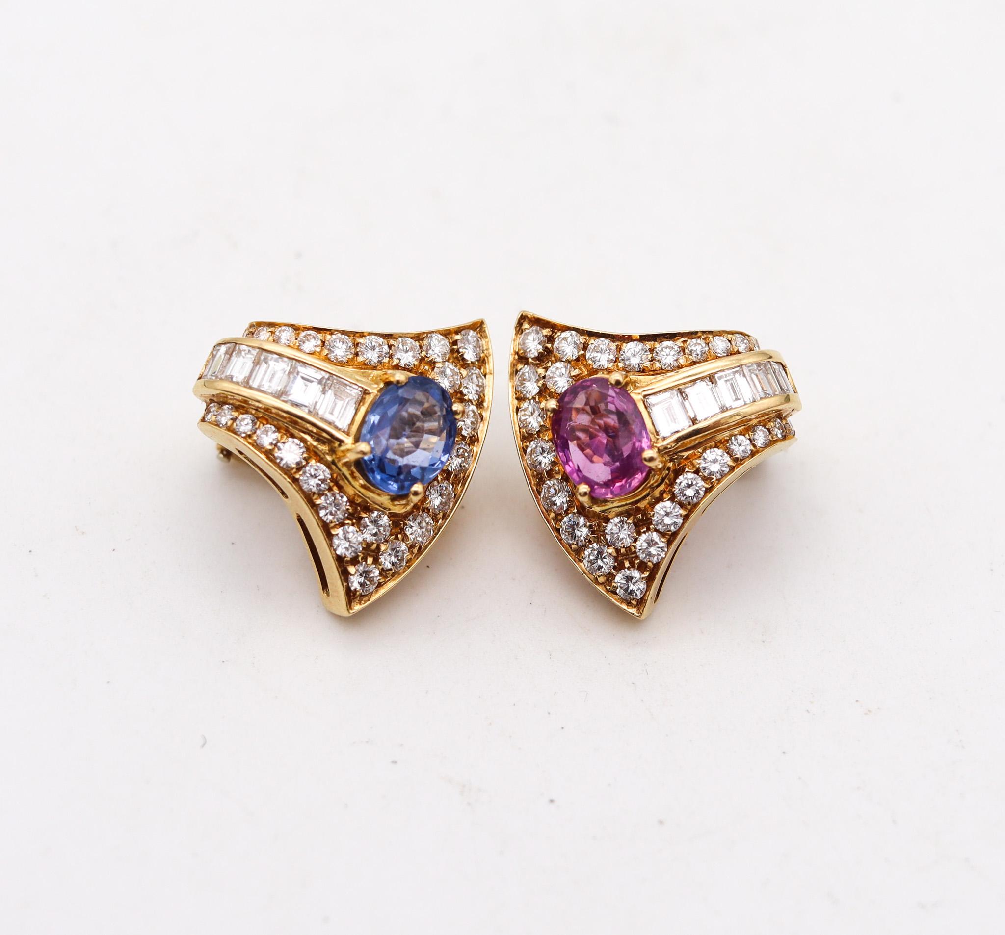 Modernist Bvlgari Clip On Earrings In 18Kt Yellow Gold With 8.93 Ctw Diamonds & Sapphires For Sale