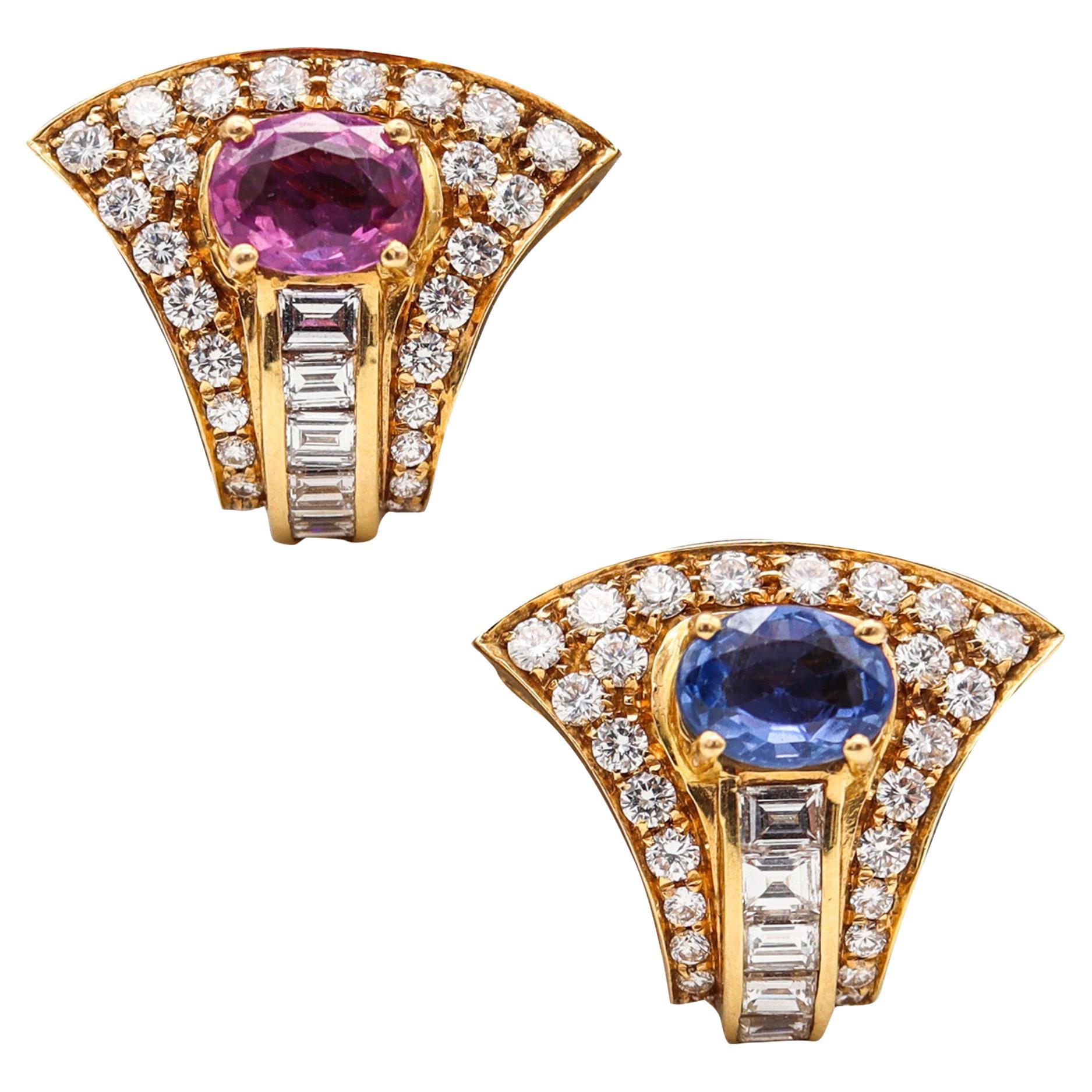 Bvlgari Clip On Earrings In 18Kt Yellow Gold With 8.93 Ctw Diamonds & Sapphires For Sale