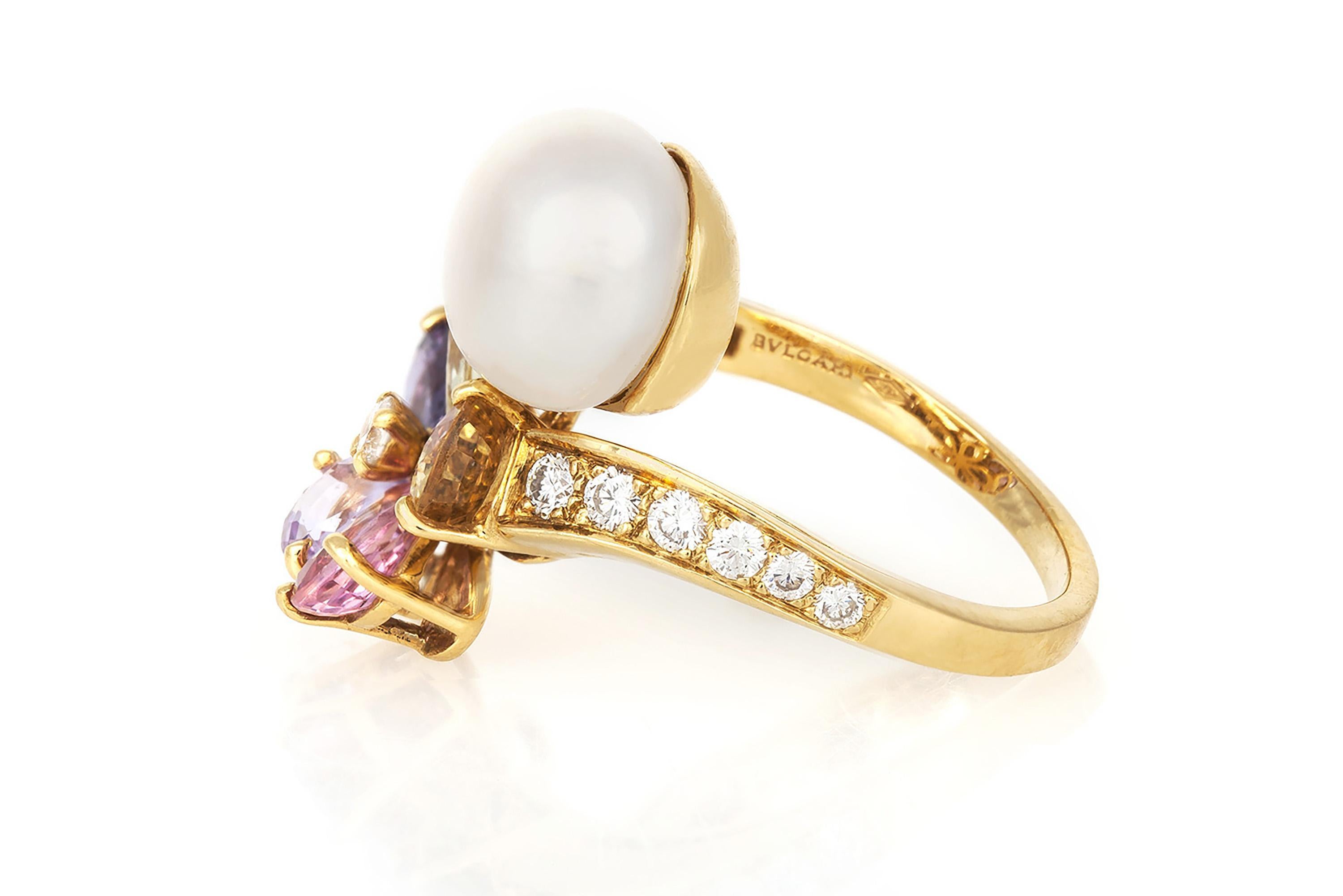 Mixed Cut Bvlgari Contraire Pearl and Multi-Color Sapphire Flower Ring with Diamonds For Sale
