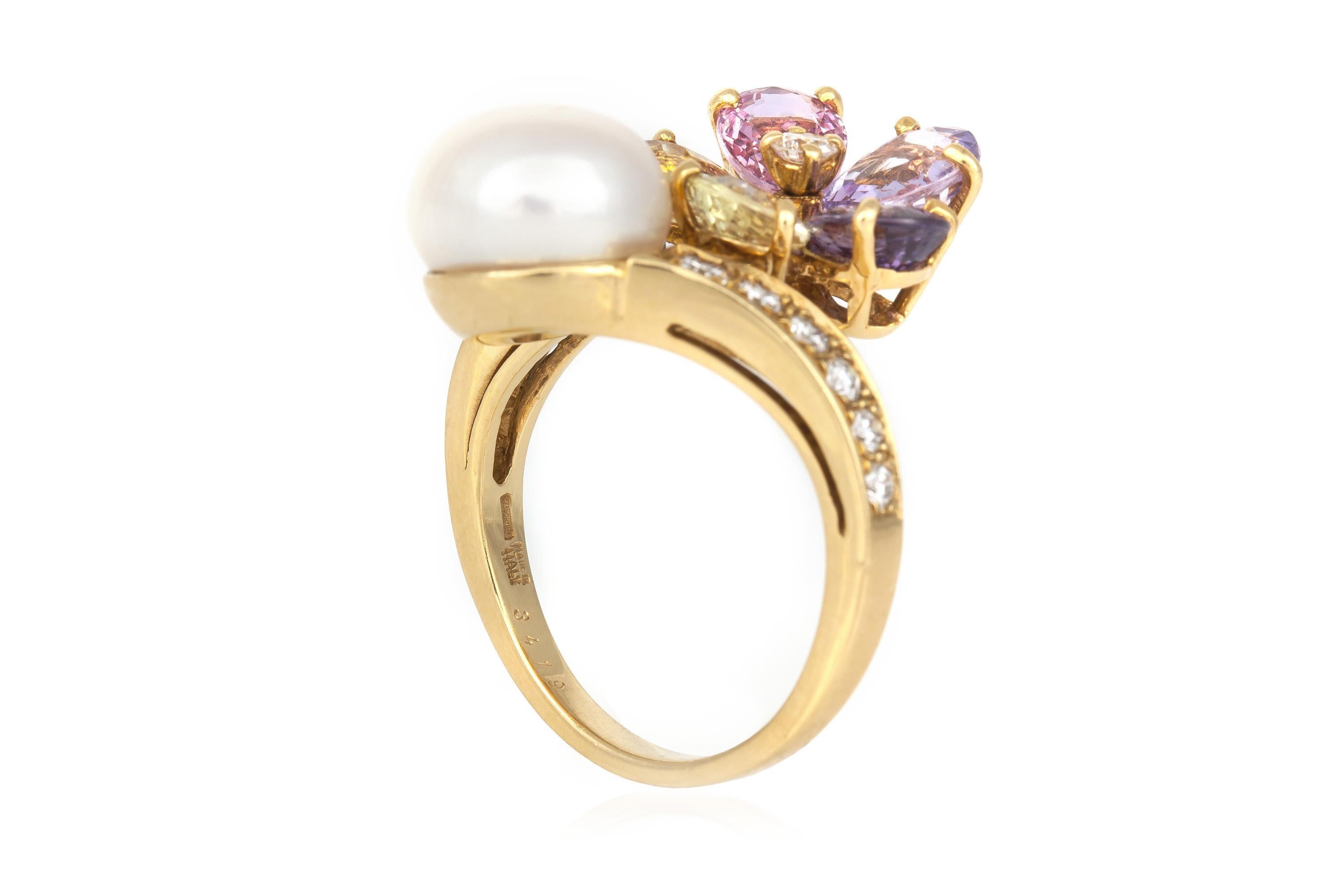 Women's Bvlgari Contraire Pearl and Multi-Color Sapphire Flower Ring with Diamonds For Sale