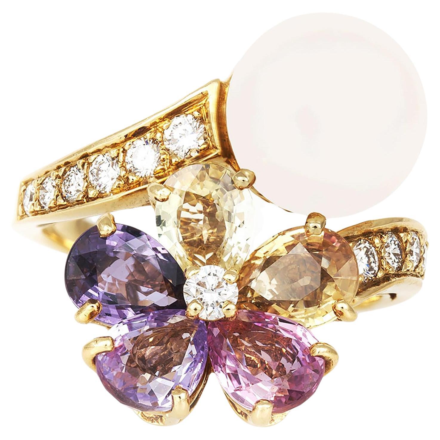 Bvlgari Contraire Pearl and Multi-Color Sapphire Flower Ring with Diamonds