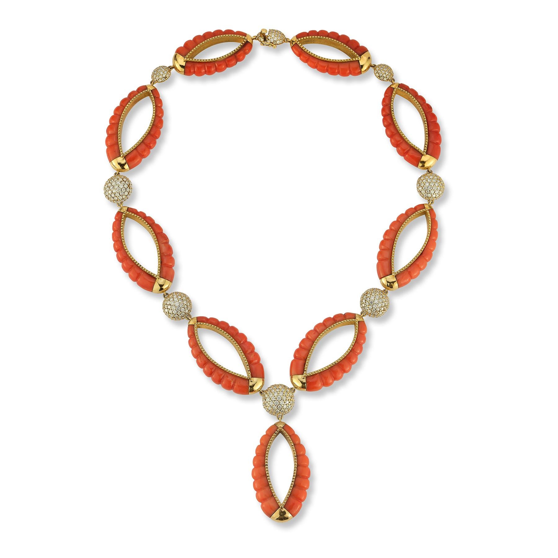 Round Cut Bvlgari Coral and Diamond Necklace and Earrings For Sale