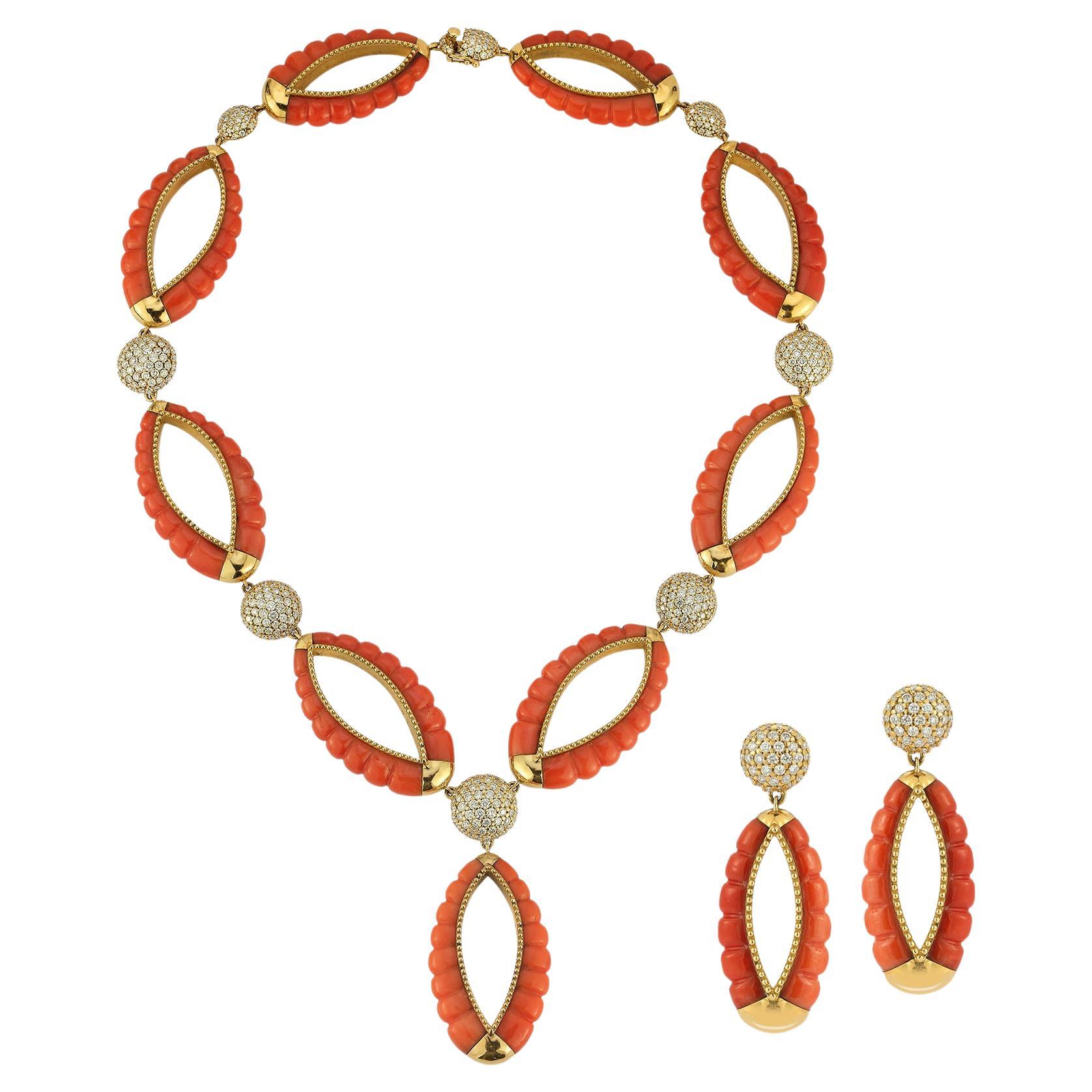 Bvlgari Coral and Diamond Necklace and Earrings For Sale