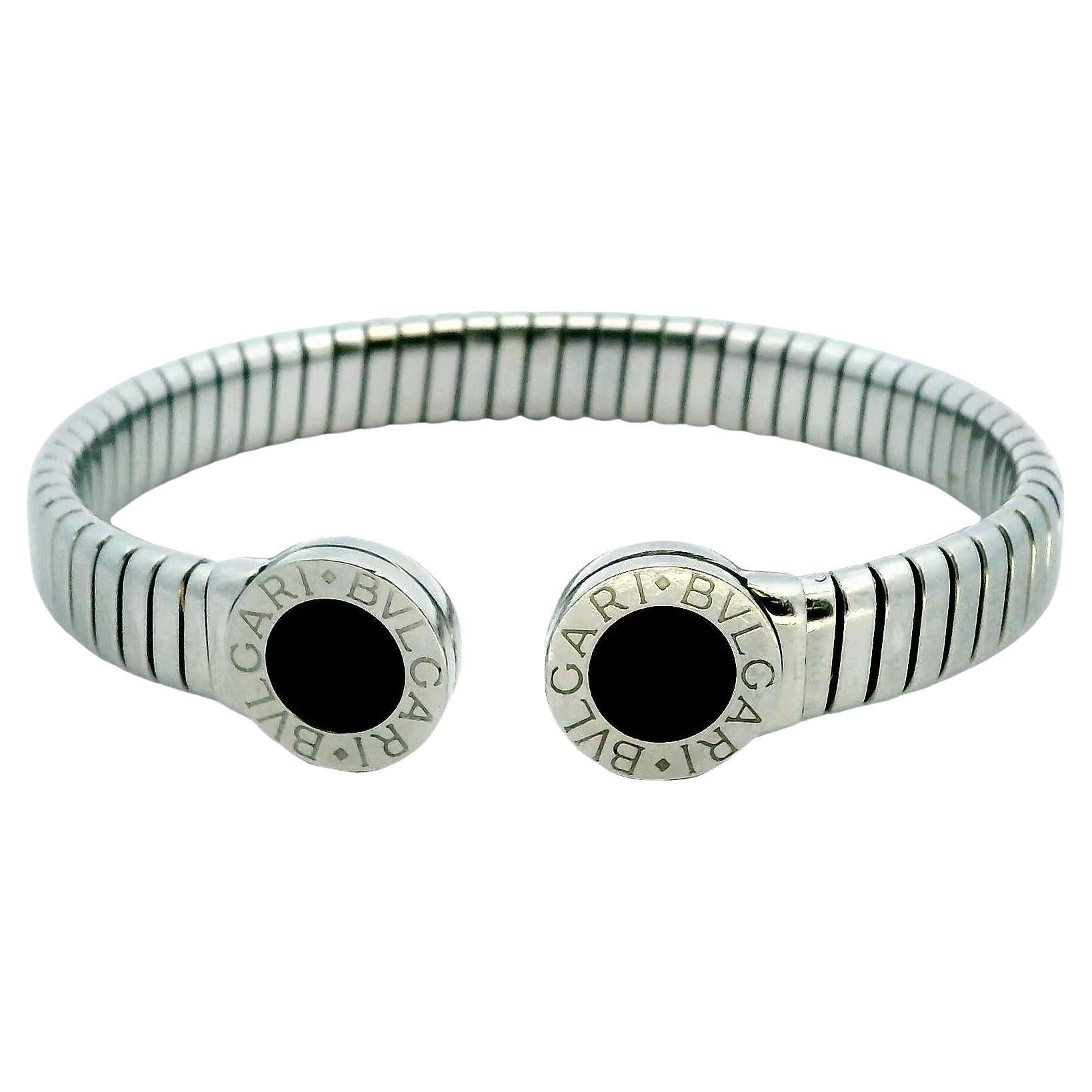 Bvlgari cuff Onyx inlay ends Stainless Steel W/ Box