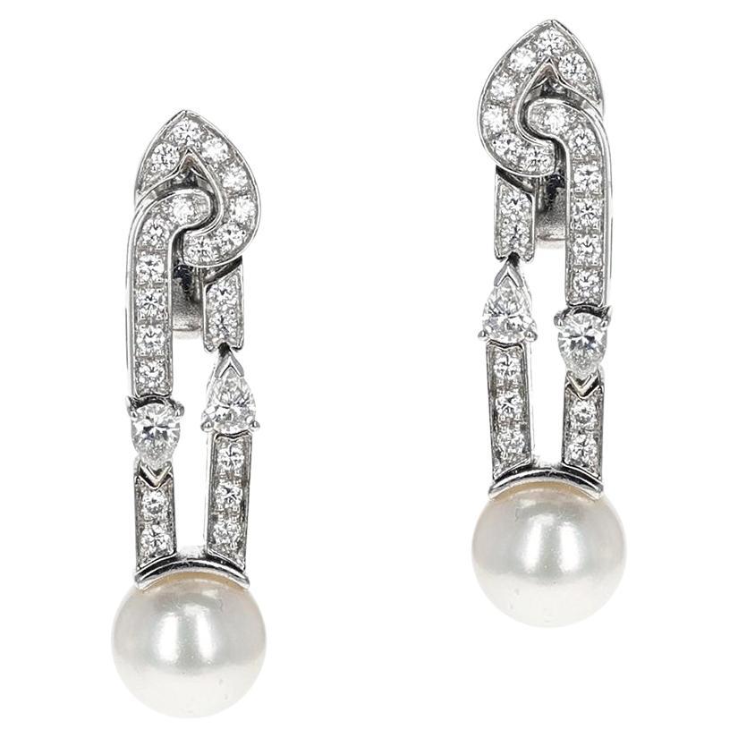 Bvlgari Cultured Pearl Earrings with Round and Pear Shape Diamonds, 18k For Sale