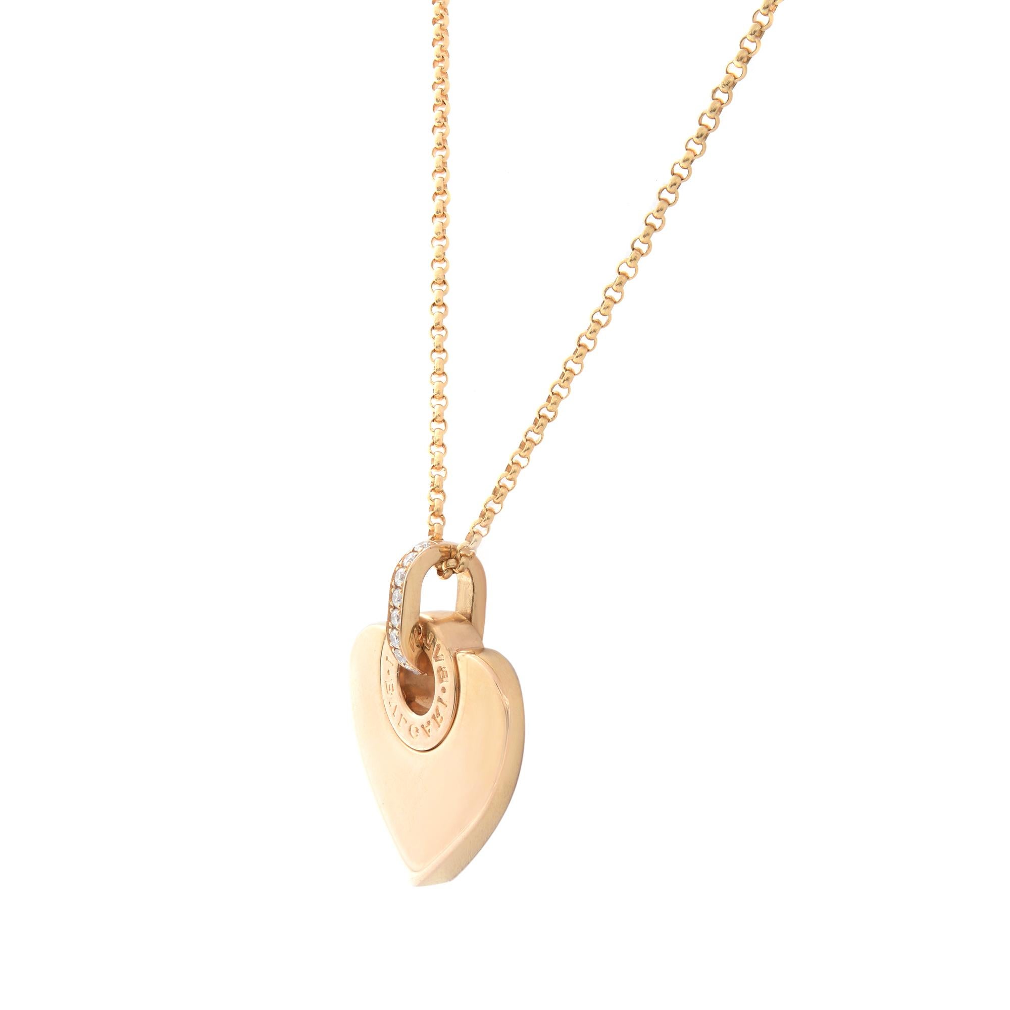 Modern Bvlgari Cuore Diamond Heart Pendant Necklace 18K Rose Gold 0.20cttw