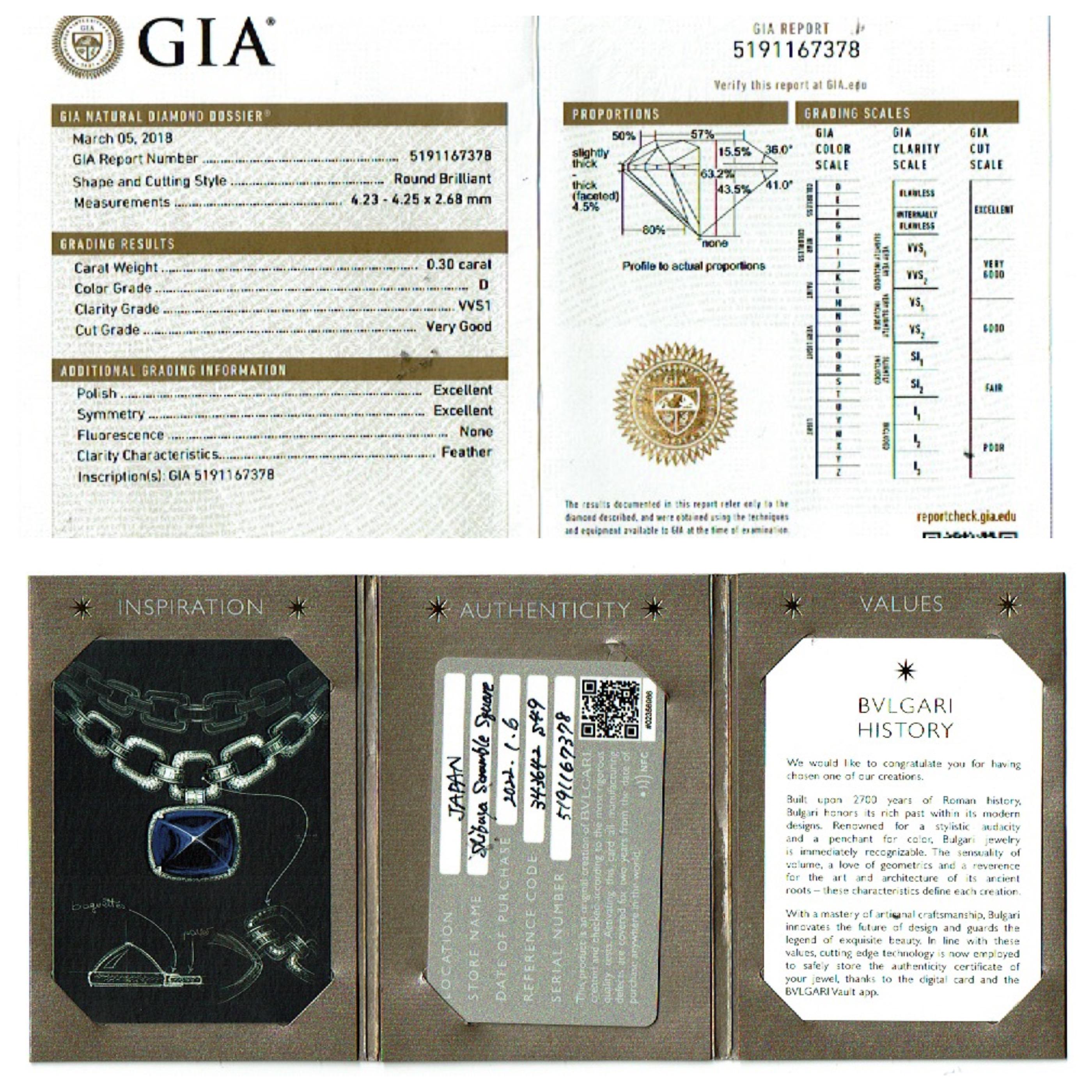 BVLGARI Dedicata A Venezia Torcello Diamond Engagement Ring
Style:  Torcello
Ref. number:  343642 S49
GIA:  5191167378
Metal:  Platinum PT950
Size:  4.75
Main Diamond:  Round Brilliant Diamond 0.30 cts 
Color & Clarity:  D, VVS1
Hallmark:  BVLGARI