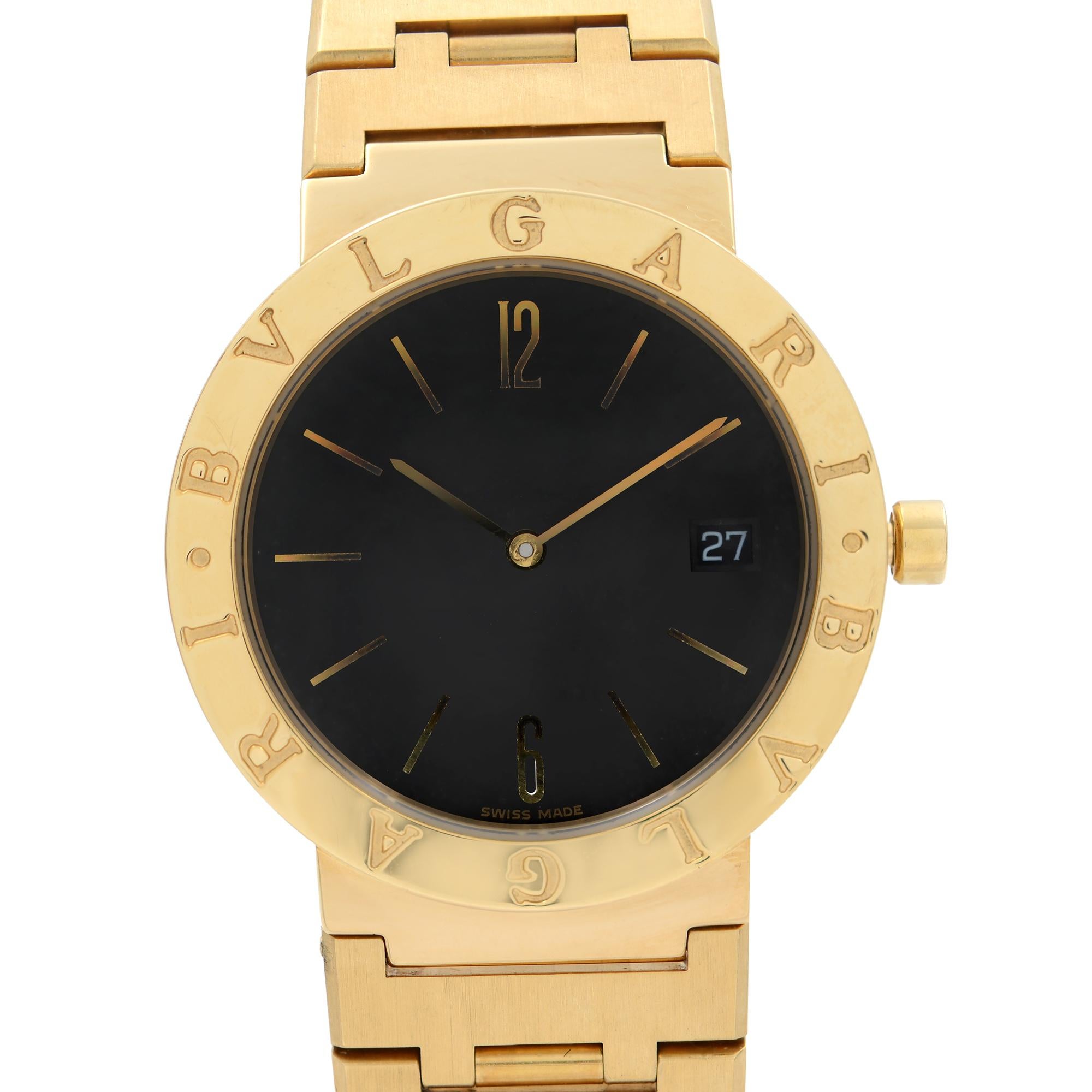 Pre Owned Bvlgari Diagono 33mm 18k Yellow Gold Black Dial Unisex Quartz Watch BB.39.GG. This Beautiful Timepiece is Powered by Quartz (Battery) Movement And Features: Round 18k Yellow Gold Case & Bracelet, Fixed 18k Gold 