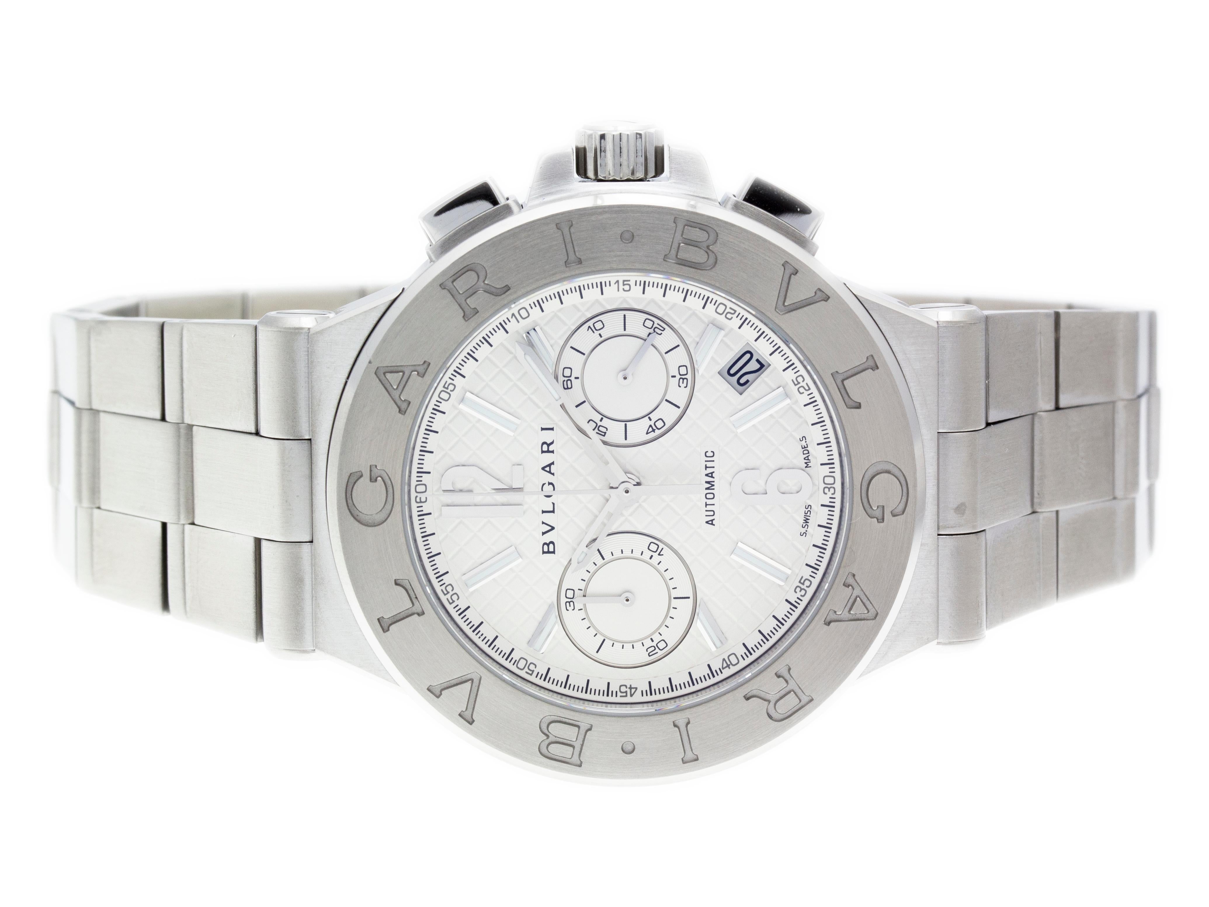 Stainless Steel BVLGARI Diagono Automatic watch with a 40mm case, Silver dial with luminescent tipped hands, and Stainless Steel Braclelet with Deployment Clasp. Features include hours, minutes, seconds, date, and chronograph. Comes with Gift Box