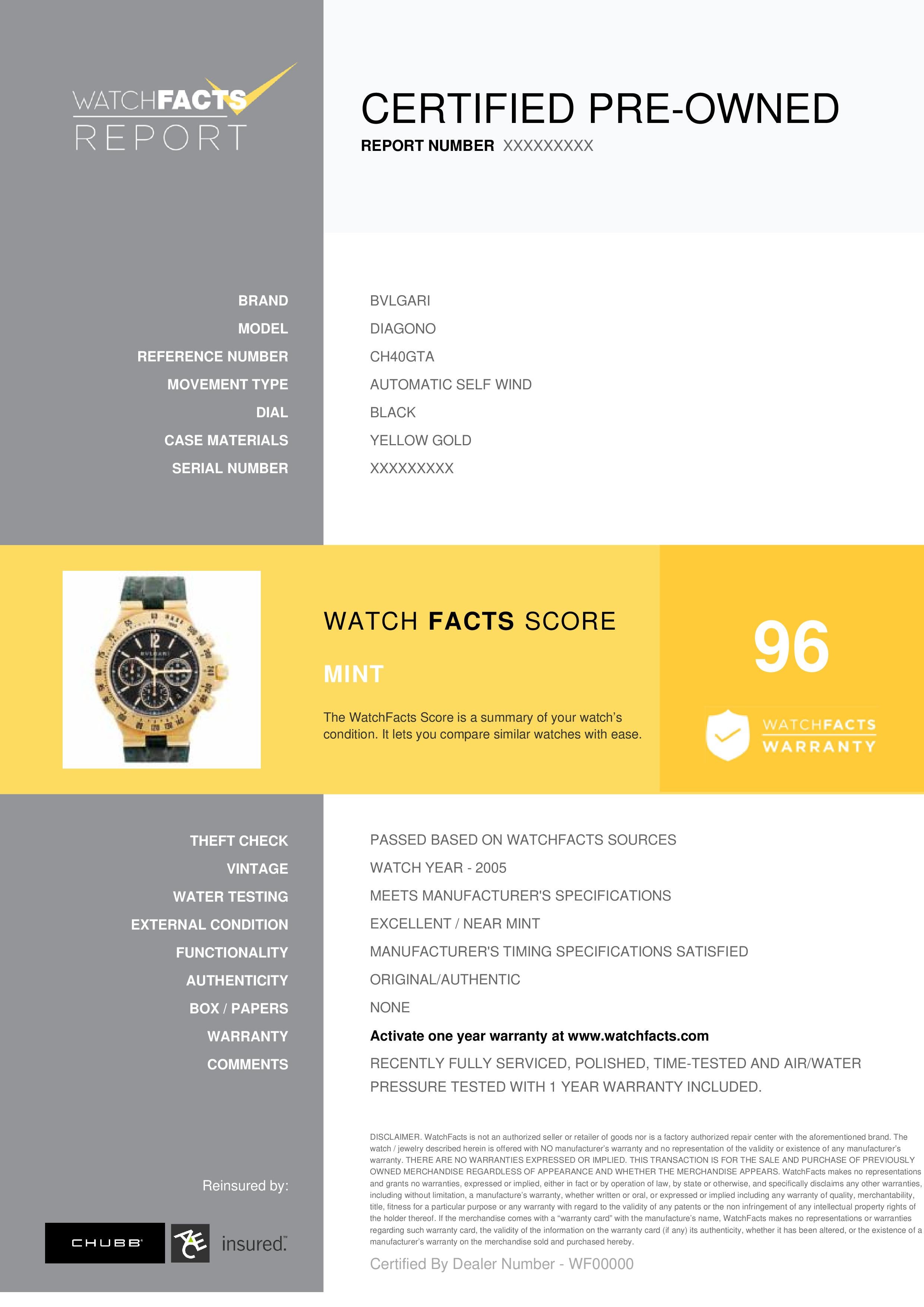 Bvlgari Diagono Reference #: CH40GTA. Mens Automatic Self Wind Watch Yellow Gold Black 40 MM. Verified and Certified by WatchFacts. 1 year warranty offered by WatchFacts.
