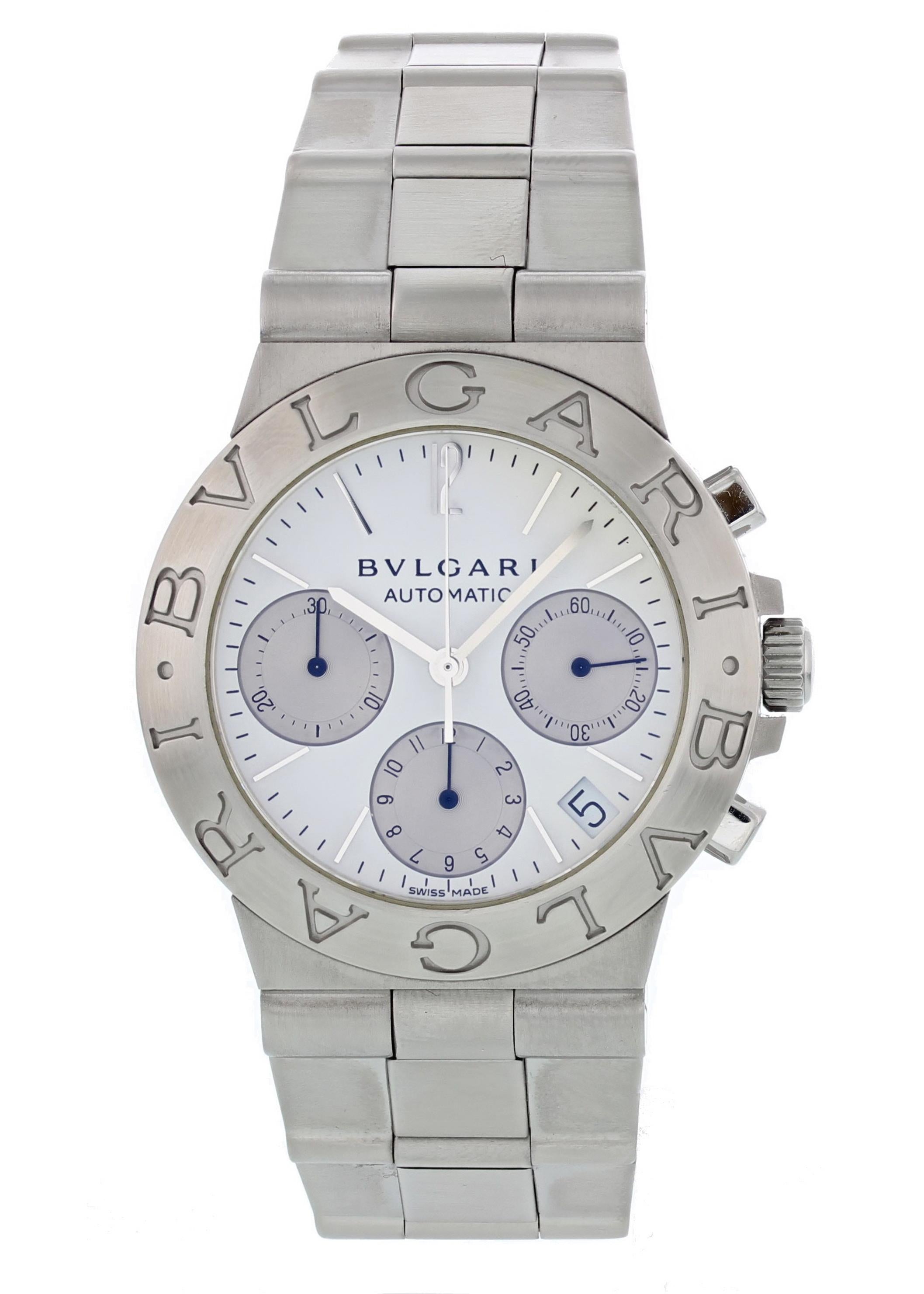 Men's Bvlgari Diagono. Stainless steel 35.5 mm case. Stainless steel bezel with Bvlgari engraving. White dial with three silver registers. Date aperture at 4:30. Stainless steel bracelet, will fit a 6.5 inch wrist. Automatic movement. Ref. CH 35