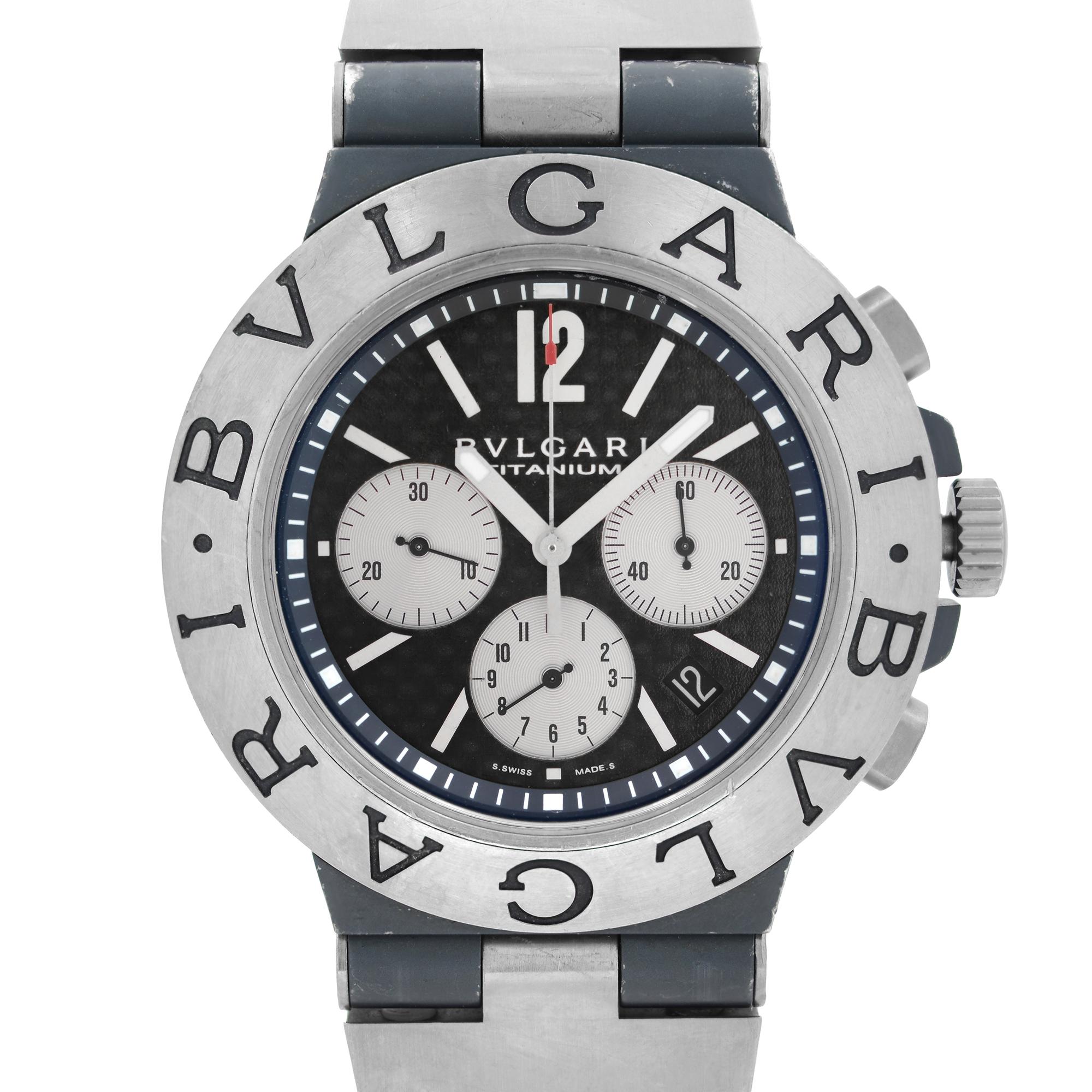 Pre-owned Bvlgari Diagono Chronograph Titanium Black Dial Automatic Men's Watch TI44TACH. No Original Box and Papers are Included. Comes with Chronostore Presentation Box and Authenticity Card. Covered by 1-year Chronostore Warranty.
Details:
Brand