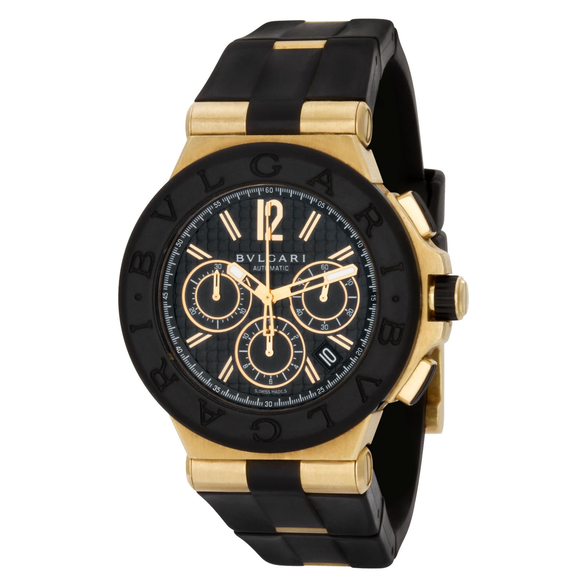 Bvlgari Diagono Chronograph in 18k yellow gold on original black rubber strap. Auto w/ subseconds, date and chronograph. Ref DG42BGVDCH. 42mm case size. With box. Circa 2000s. Fine Pre-owned Bvlgari / Bulgari Watch.  Certified preowned Sport Bvlgari
