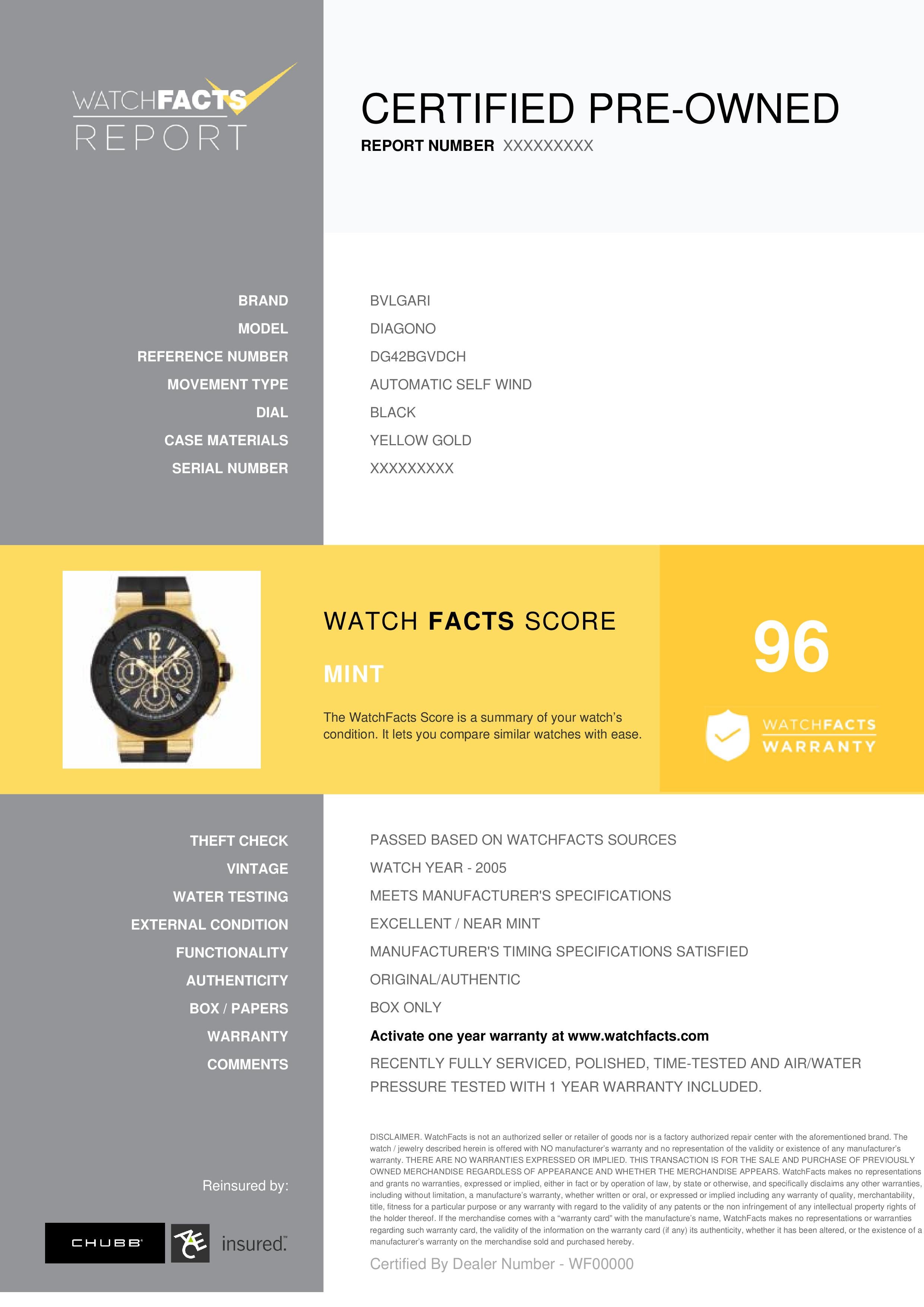 Bvlgari Diagono Reference #: DG42BGVDCH. Mens Automatic Self Wind Watch Yellow Gold Black 42 MM. Verified and Certified by WatchFacts. 1 year warranty offered by WatchFacts.
