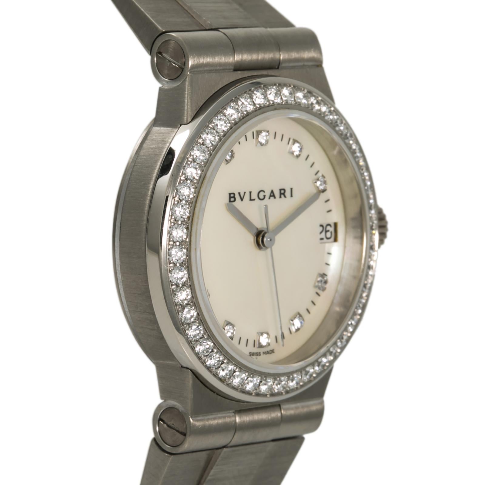 Contemporary Bvlgari Diagono LCVW29G Womens Quartz 18K White Gold Watch MOP Dial For Sale