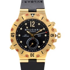 Bvlgari Diagono Scuba 3 Time Zone 18k Gold Black Dial Watch SD 38 G GMT