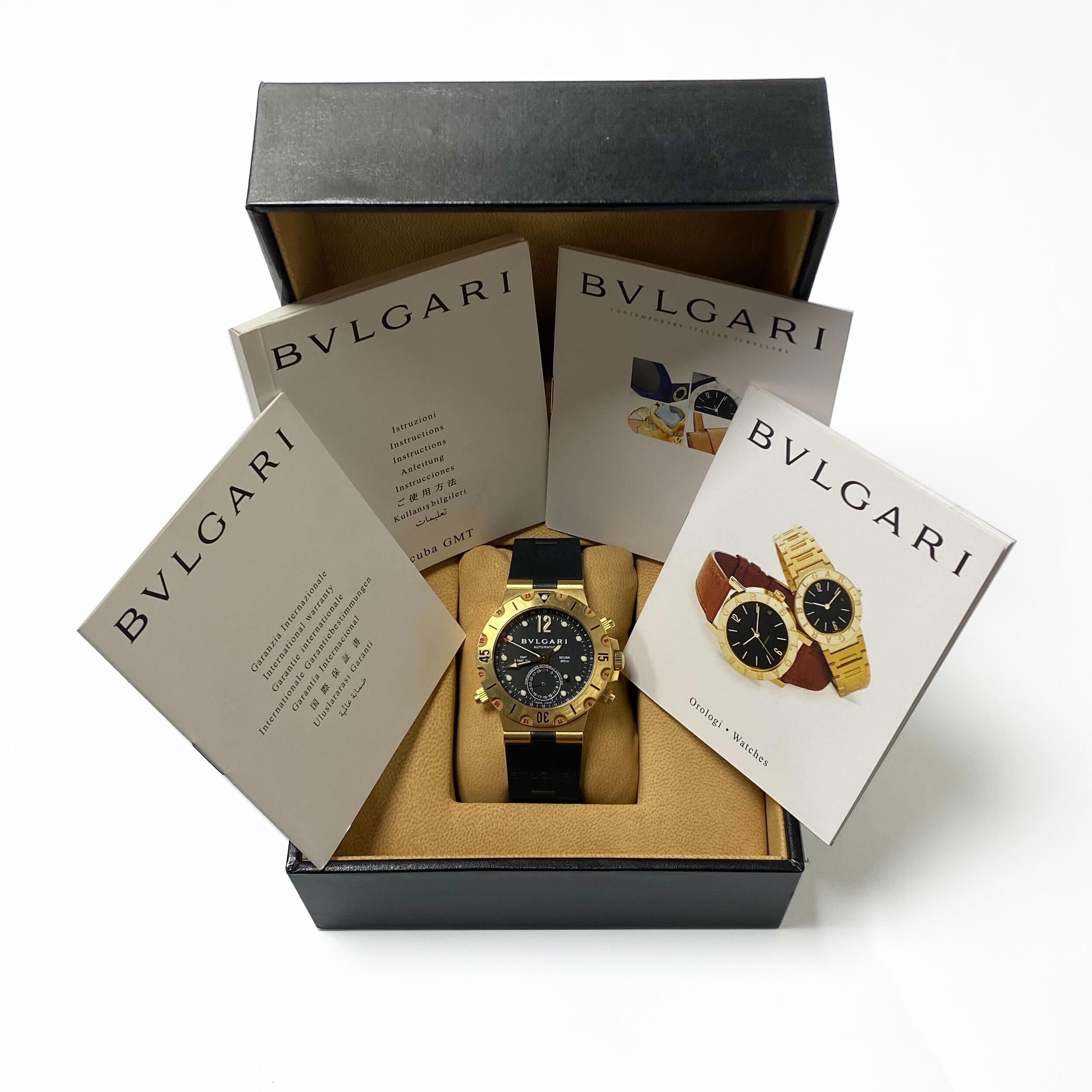 Men's Bvlgari Diagono Scuba 3 Time Zone 18k Gold Black Dial Watch SD 38 G GMT