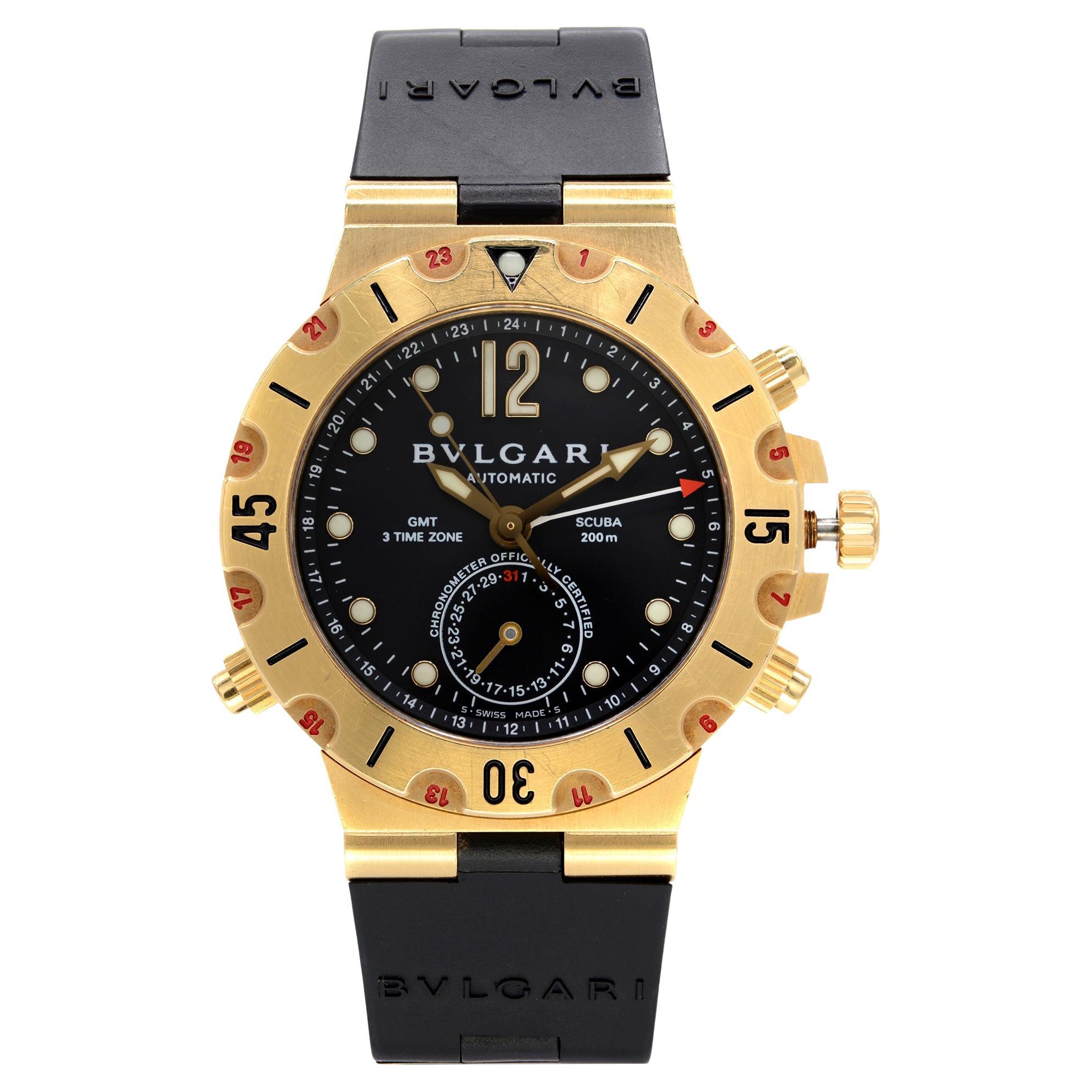 Bvlgari Diagono Scuba Uhr, 3 Zeitzonen, 18k Gold, schwarzes Zifferblatt SD  38 G GMT bei 1stDibs