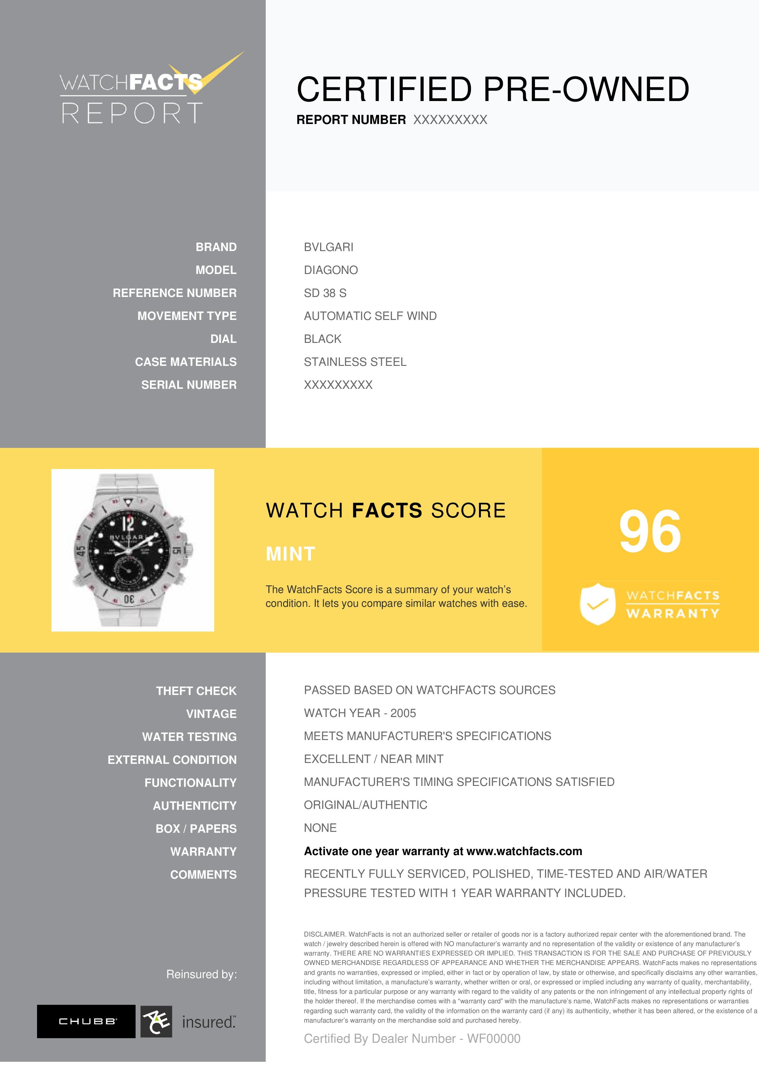 Bvlgari Diagono Reference #: SD 38 S. Mens Automatic Self Wind Watch Stainless Steel Black 38 MM. Verified and Certified by WatchFacts. 1 year warranty offered by WatchFacts.
