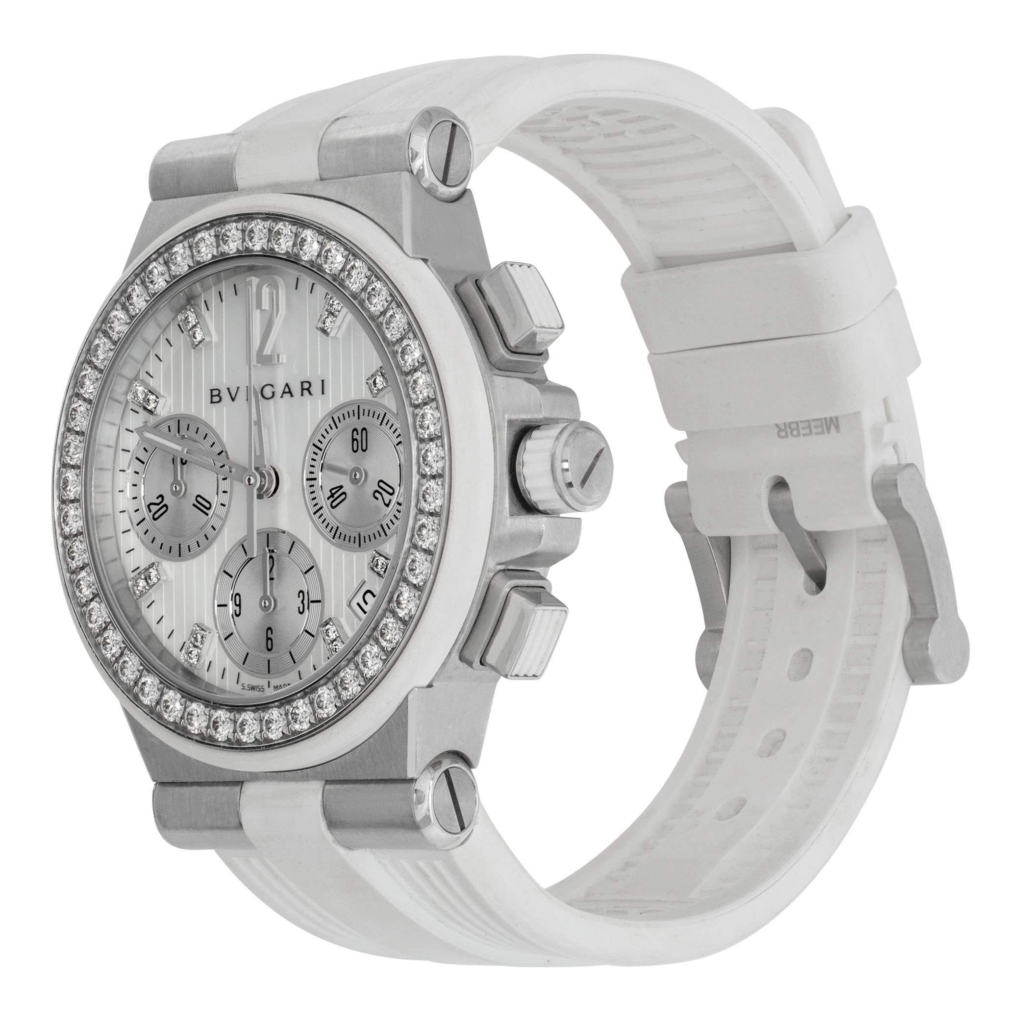 Bvlgari Diagono in stainless steel with diamond bezel & mother of pearl diamond dial on a white rubber strap. Auto w/ subseconds, date and chronograph. 35 mm case size. Ref DG 35 SV CH. Fine Pre-owned Bvlgari / Bulgari Watch.

 Certified preowned