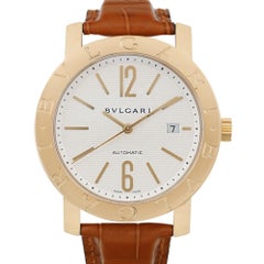 Bvlgari Diagono XL 42mm 18k Yellow Gold White Dial Leather Mens Watch BB42GL