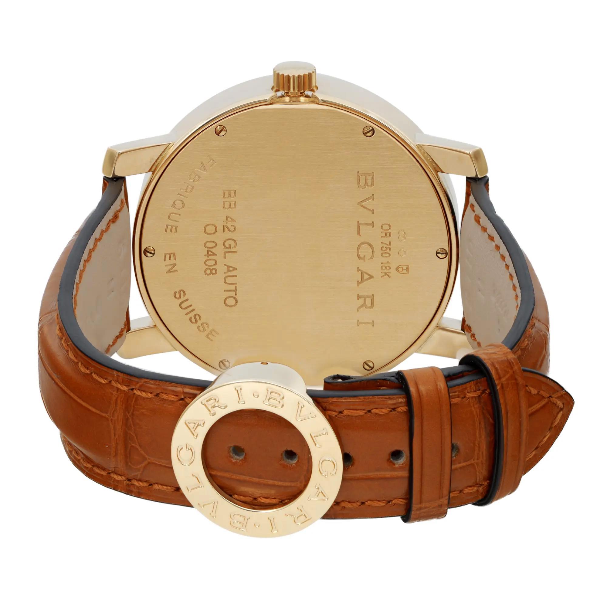 Bvlgari Diagono XL 42mm 18k Yellow Gold White Dial Leather Mens Watch BB42GL en vente 1
