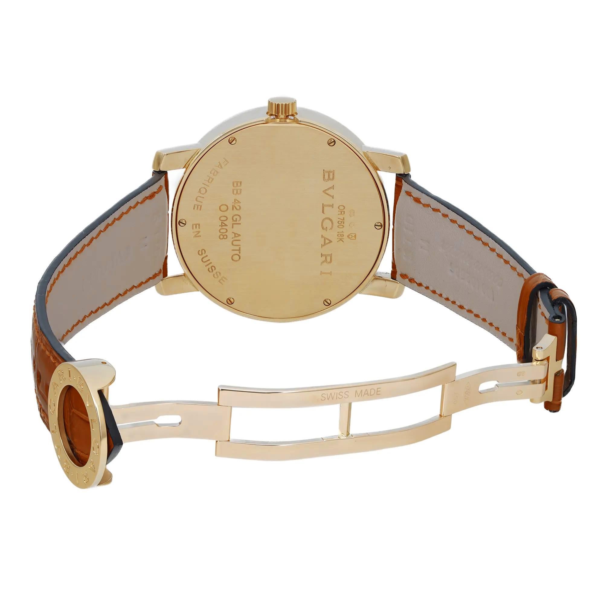 Bvlgari Diagono XL 42mm 18k Yellow Gold White Dial Leather Mens Watch BB42GL en vente 2