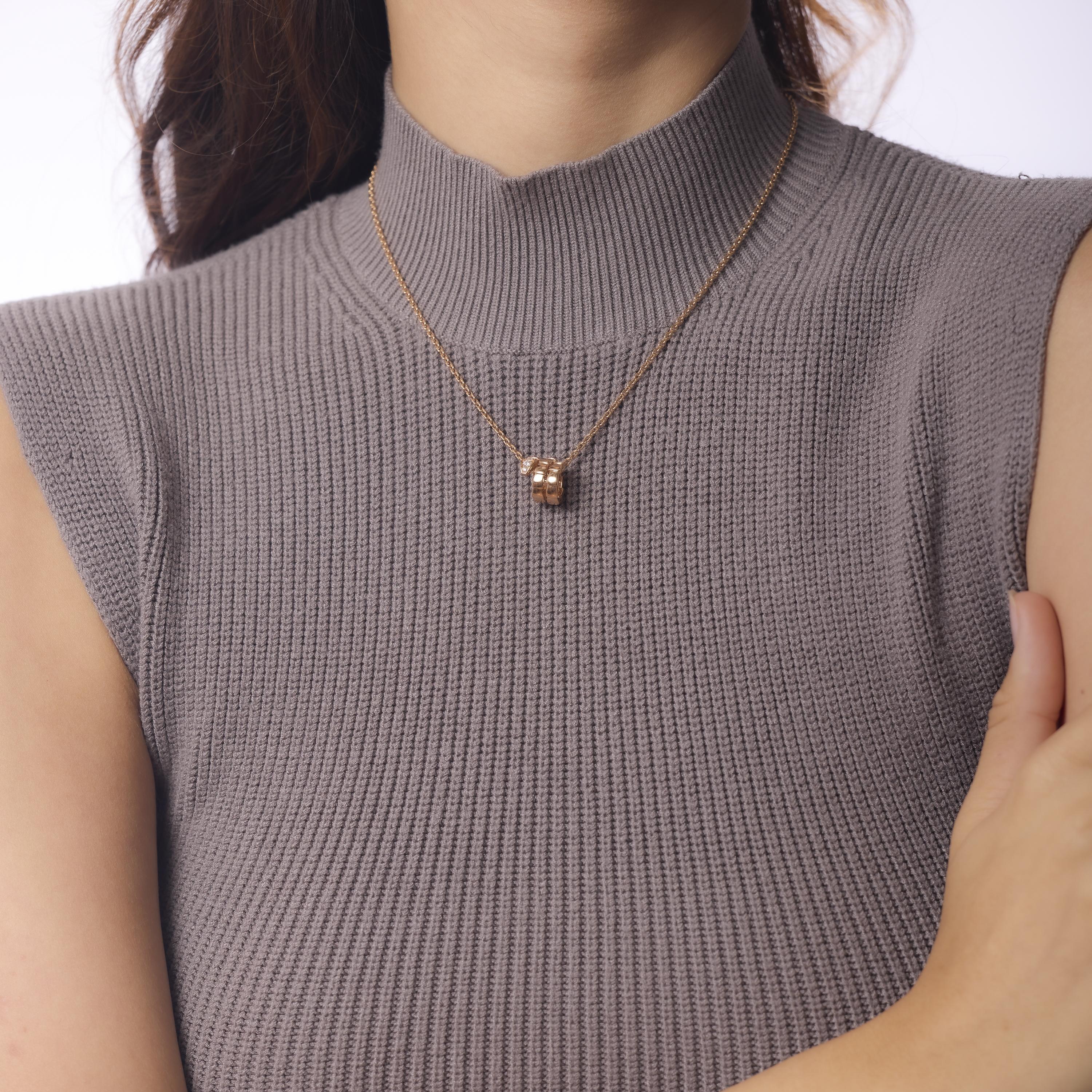 Brilliant Cut Bvlgari diamond 18k rose gold Serpenti Viper snake necklace For Sale