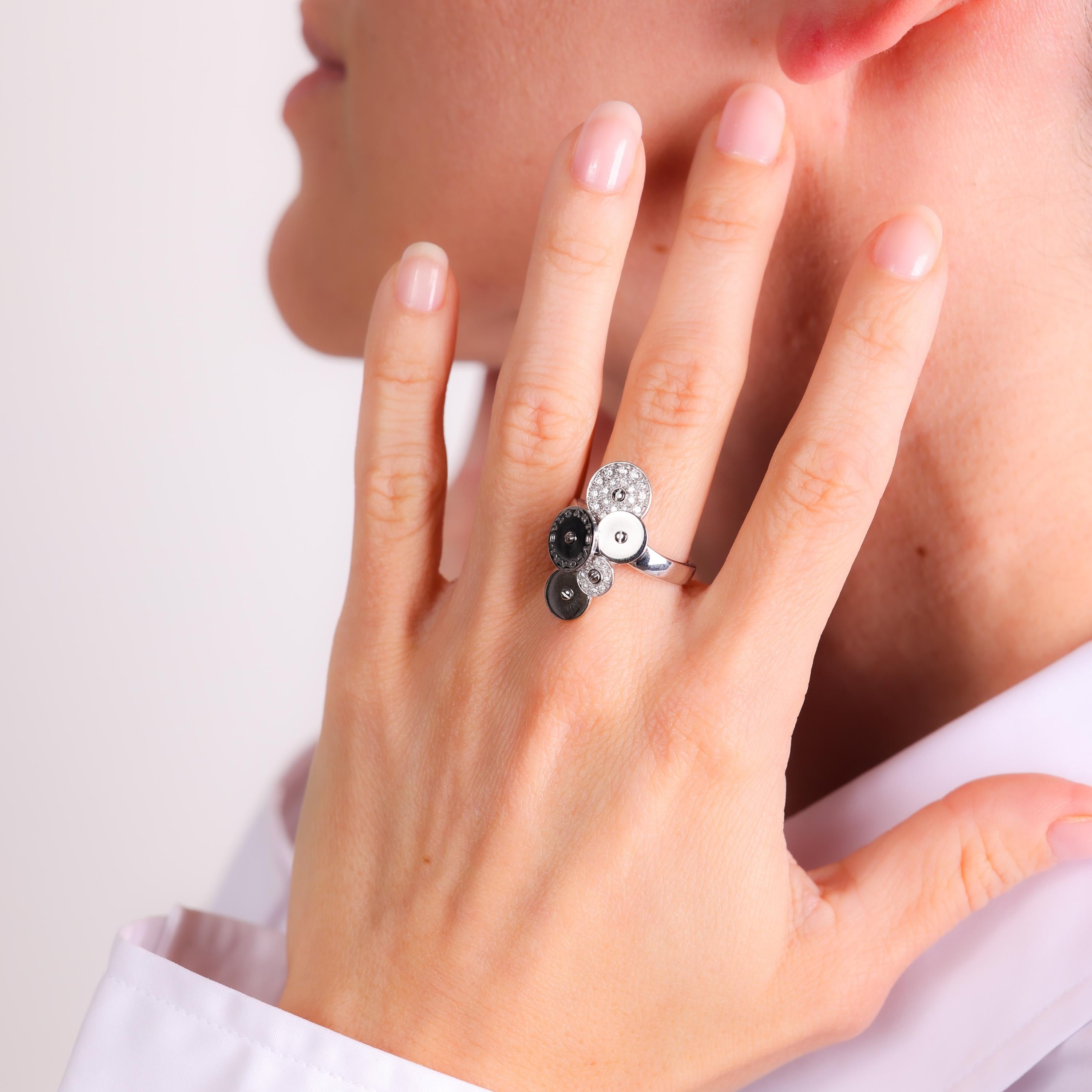 This Bvlgari Cicladi ring showcases dazzling D-E color diamonds set in luxurious 18k white gold, embodying the brand’s iconic elegance and craftsmanship from the 2010s.

Brand: Bvlgari
Center stone: 28 round brilliant cut diamonds 
Weight: