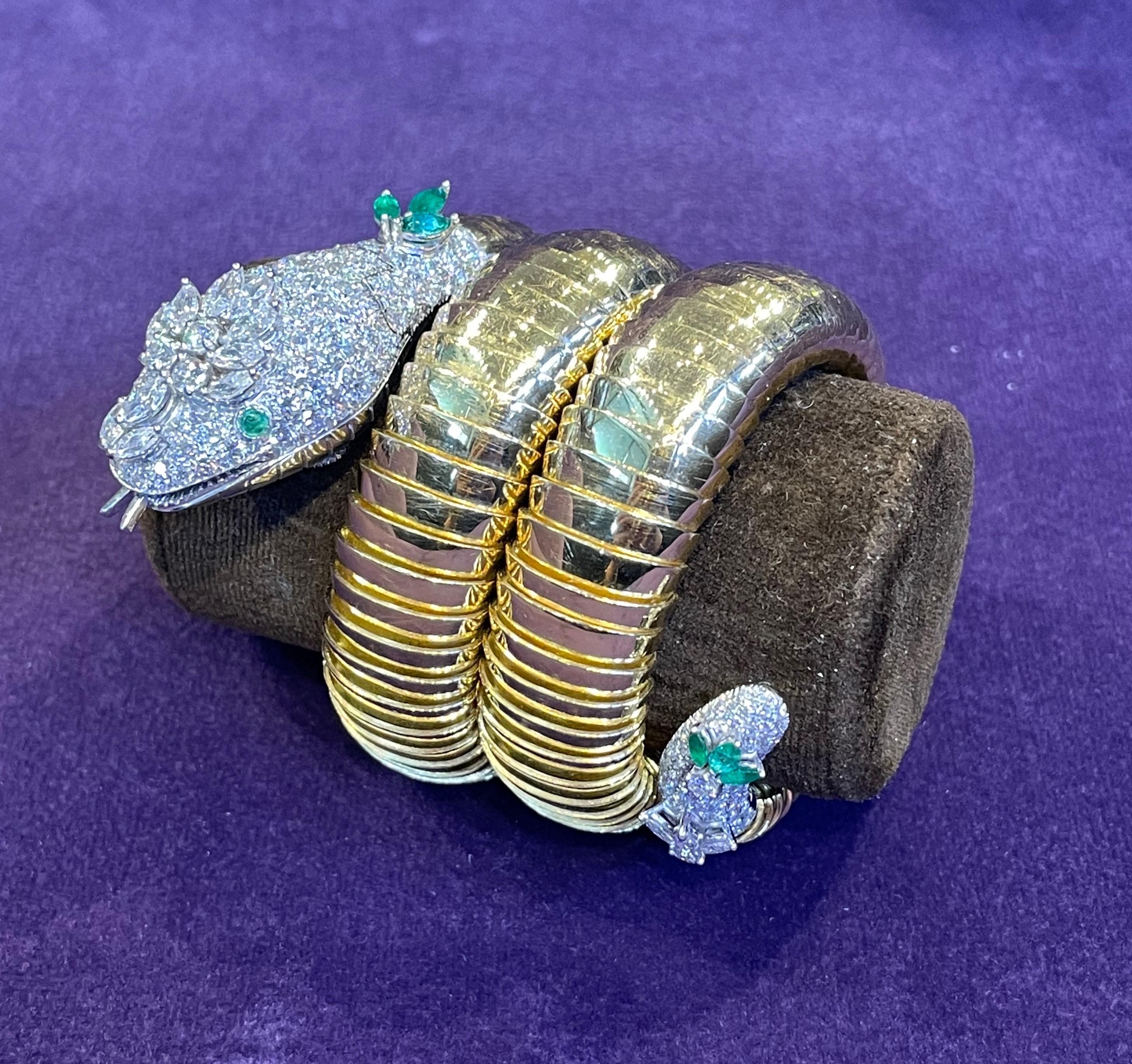 Round Cut Bvlgari Diamond and Emerald Serpenti Watch Bracelet  For Sale