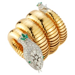Retro Bvlgari Diamond and Emerald Serpenti Watch Bracelet 