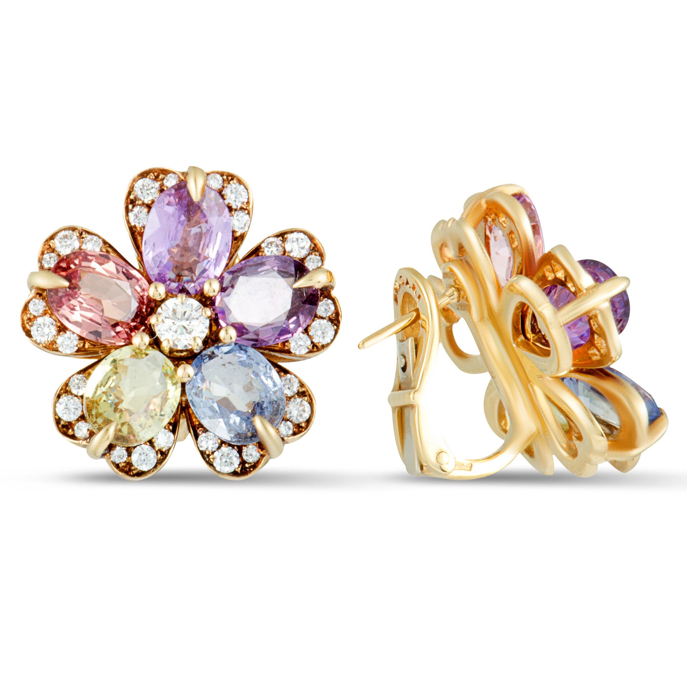 This sensational pair of floral earrings by Bulgari is a perfect illustration of beauty! The elegant pair is exquisitely designed from the prestigious shimmer of 18K yellow gold and adorned with fabulous multicolored sapphires and 1.00ct of